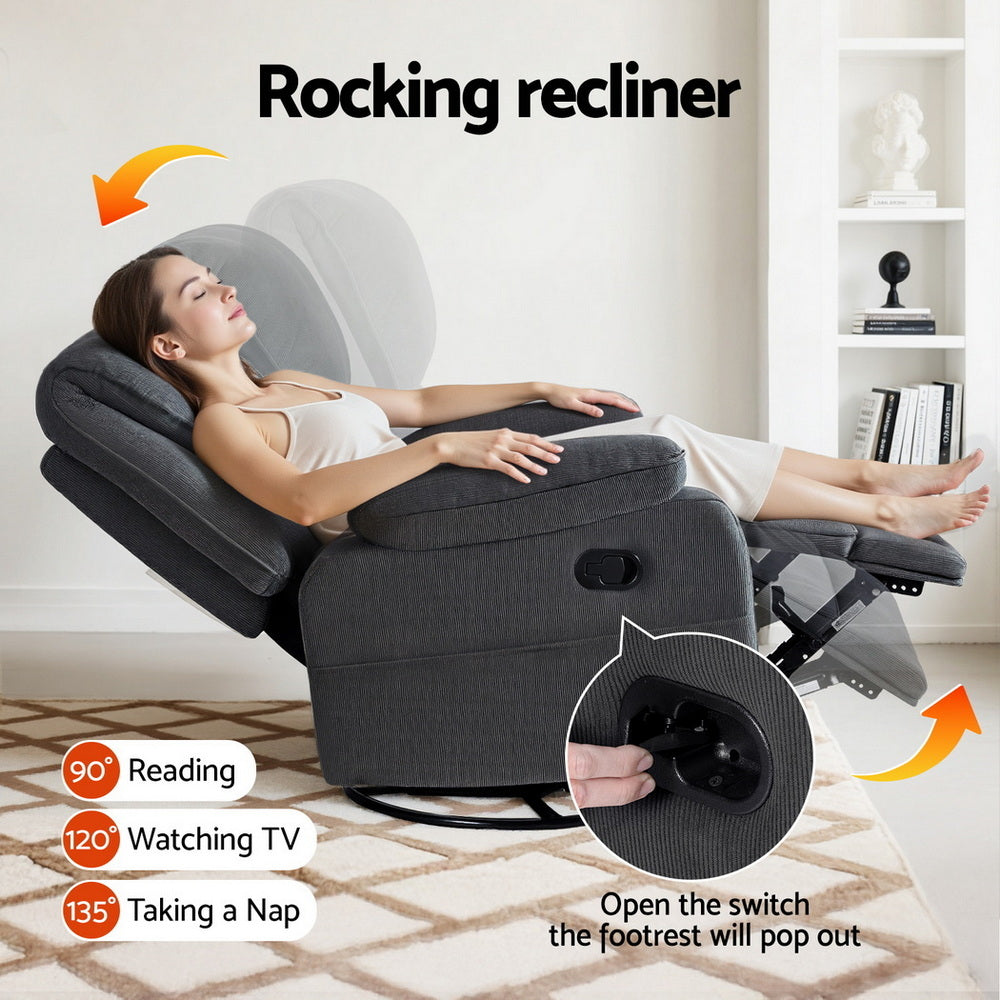 Clotho Rocking Recliner Chair 360 Swivel Massage Heated Reclining Chairs - Grey