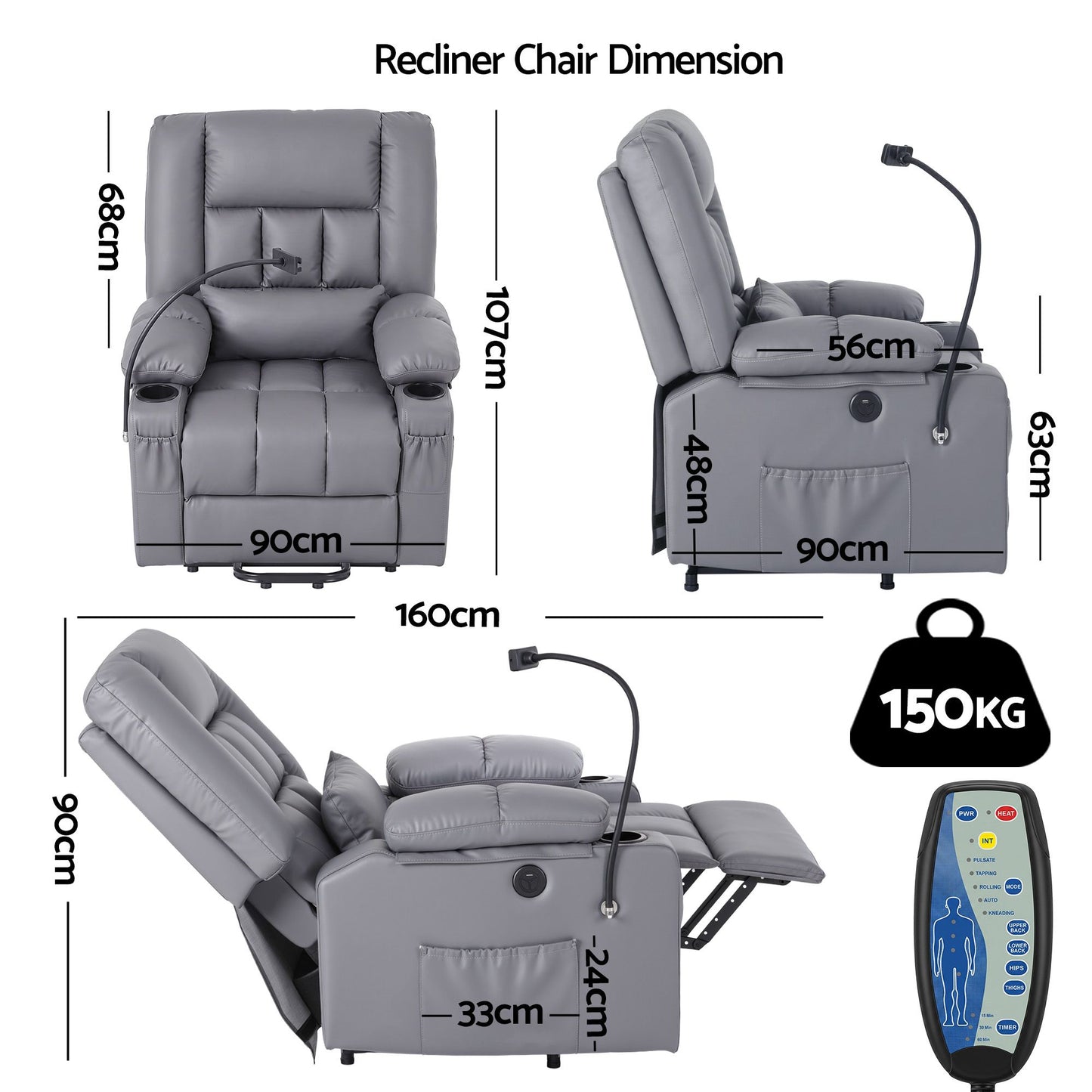 Faunus Power Lift Recliner Chair with Massage and Heat for Elderly, Electric Sofa Reclining Chair - Grey