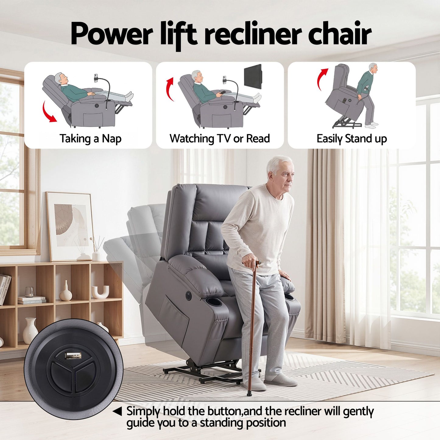 Faunus Power Lift Recliner Chair with Massage and Heat for Elderly, Electric Sofa Reclining Chair - Grey
