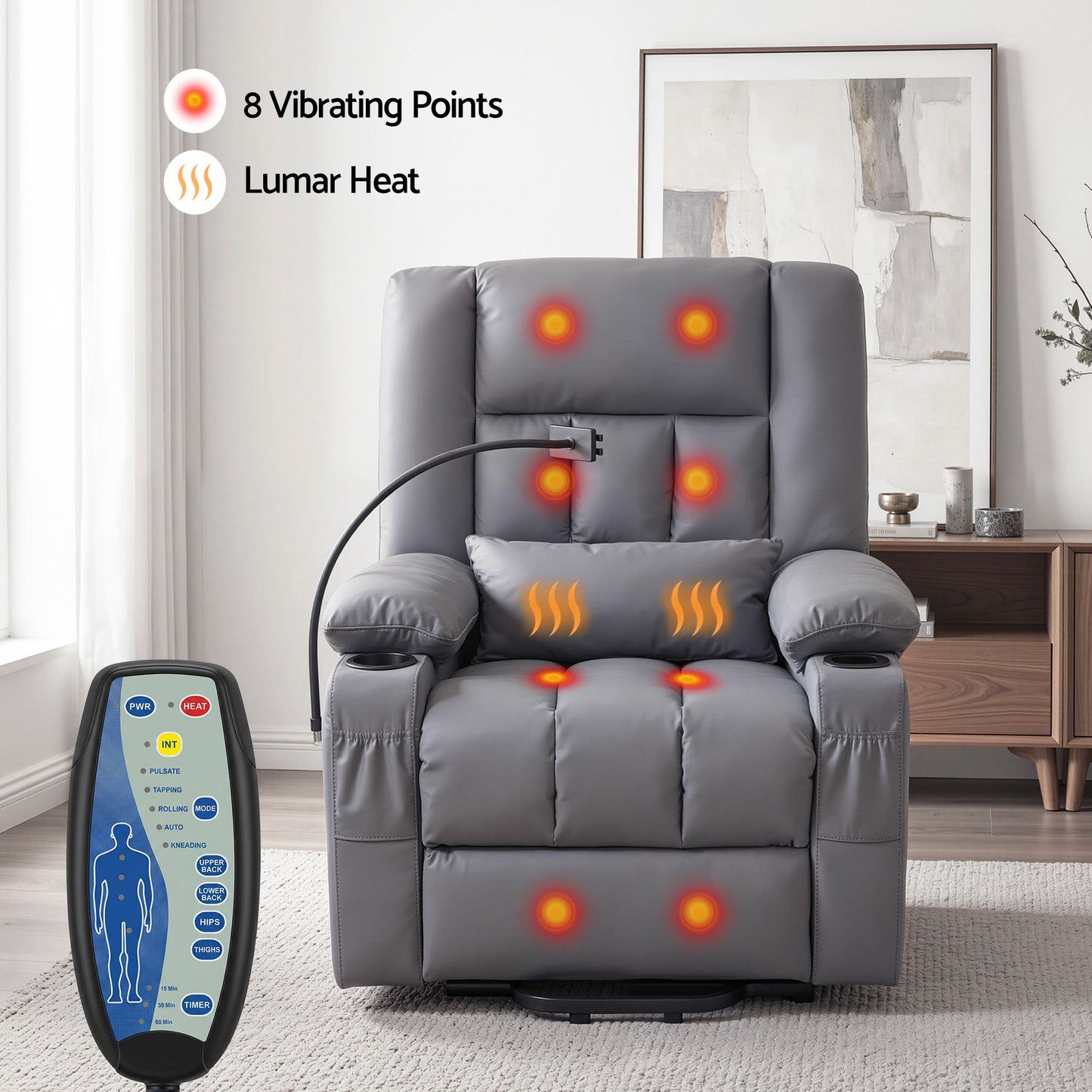 Faunus Power Lift Recliner Chair with Massage and Heat for Elderly, Electric Sofa Reclining Chair - Grey