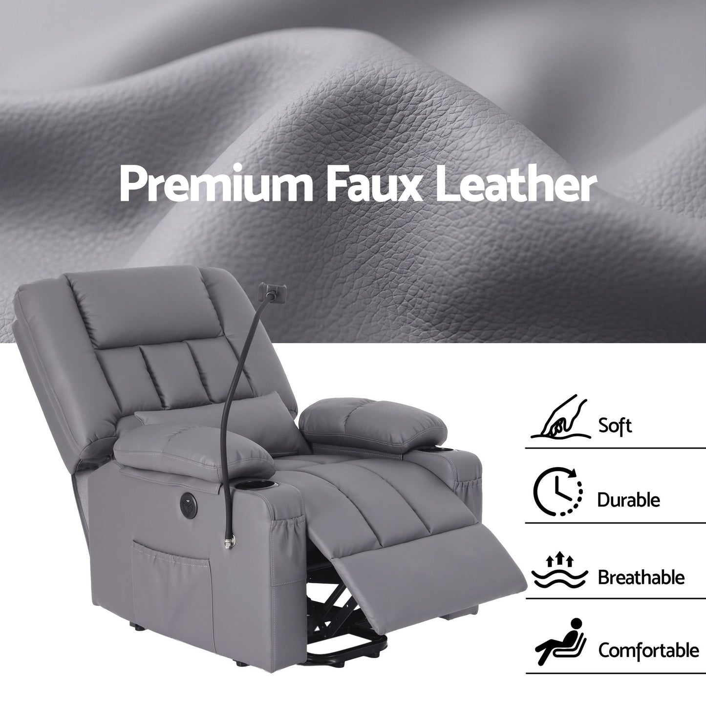 Faunus Power Lift Recliner Chair with Massage and Heat for Elderly, Electric Sofa Reclining Chair - Grey