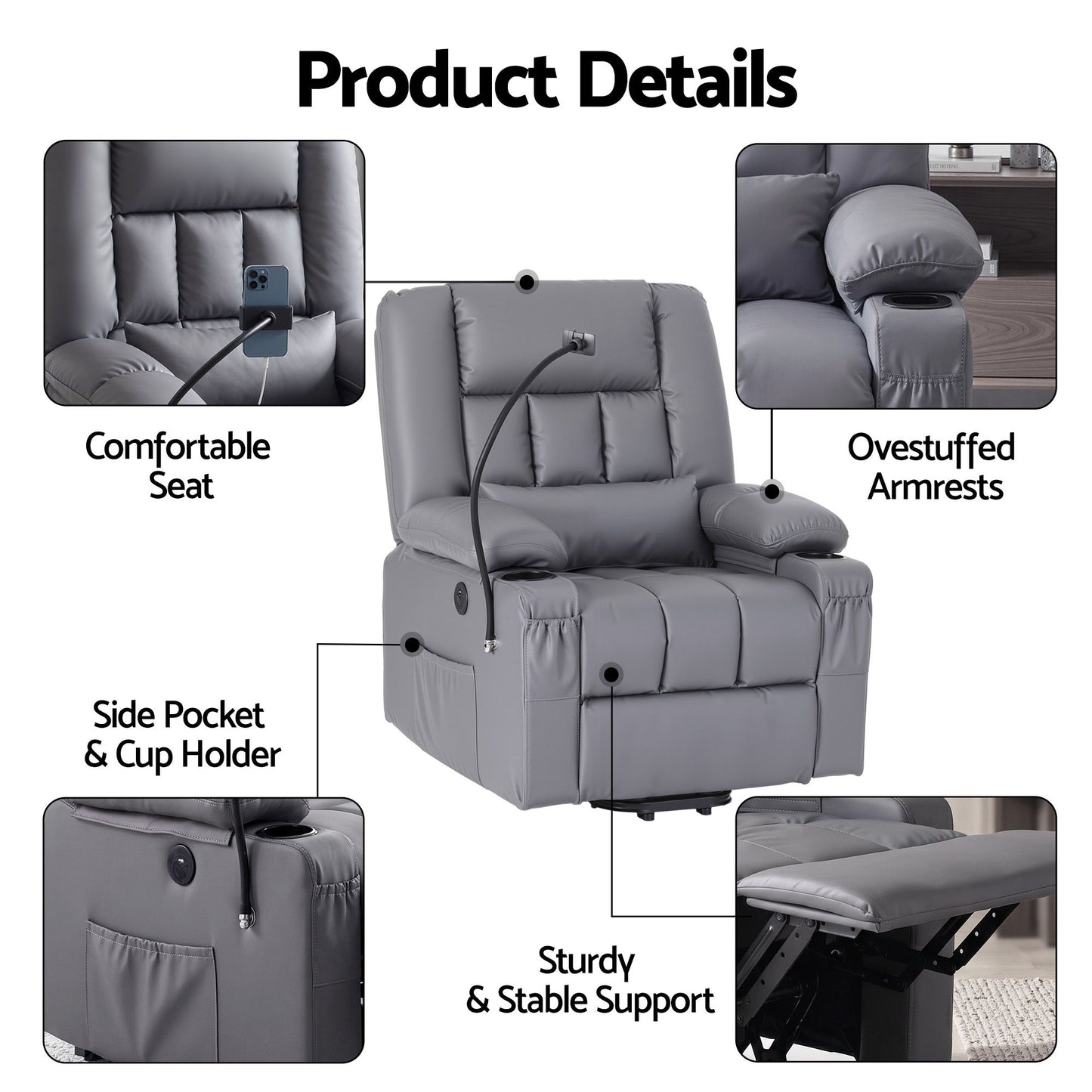 Faunus Power Lift Recliner Chair with Massage and Heat for Elderly, Electric Sofa Reclining Chair - Grey