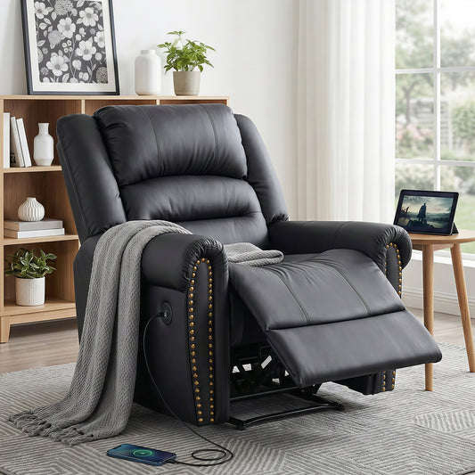 Harmonia Leather Manual Recliner Chair with USB Charge Port, Overstuffed Armchair Sofa - Black