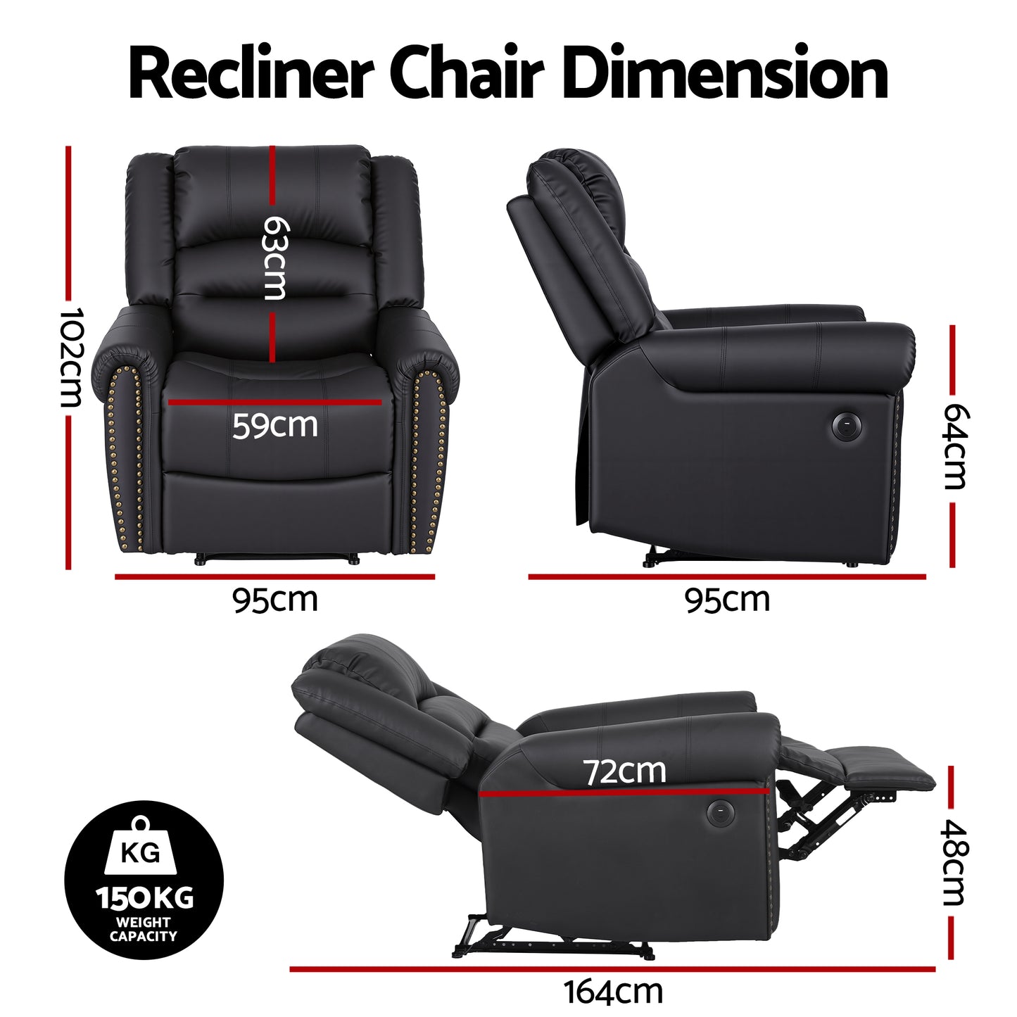 Harmonia Leather Manual Recliner Chair with USB Charge Port, Overstuffed Armchair Sofa - Black