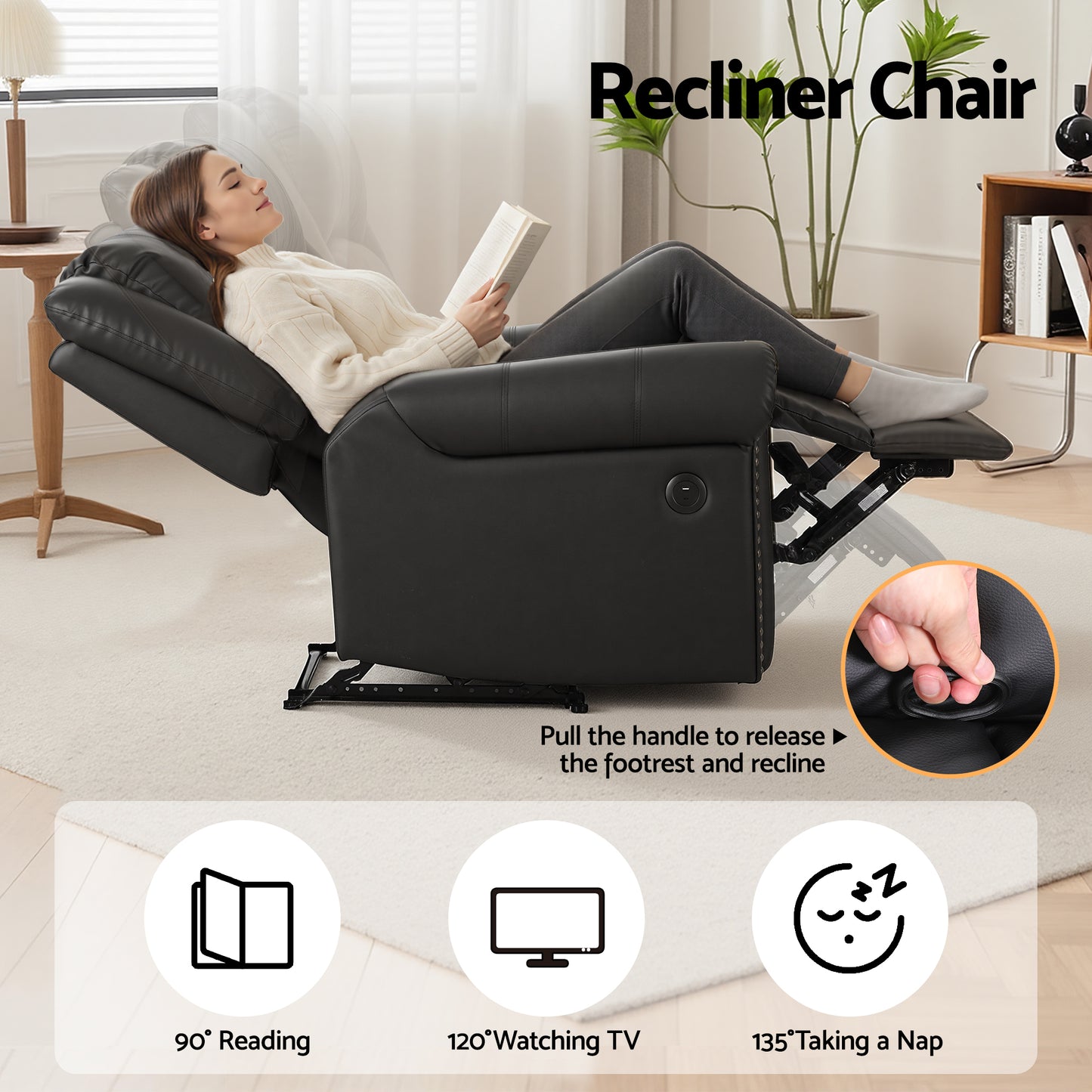 Harmonia Leather Manual Recliner Chair with USB Charge Port, Overstuffed Armchair Sofa - Black
