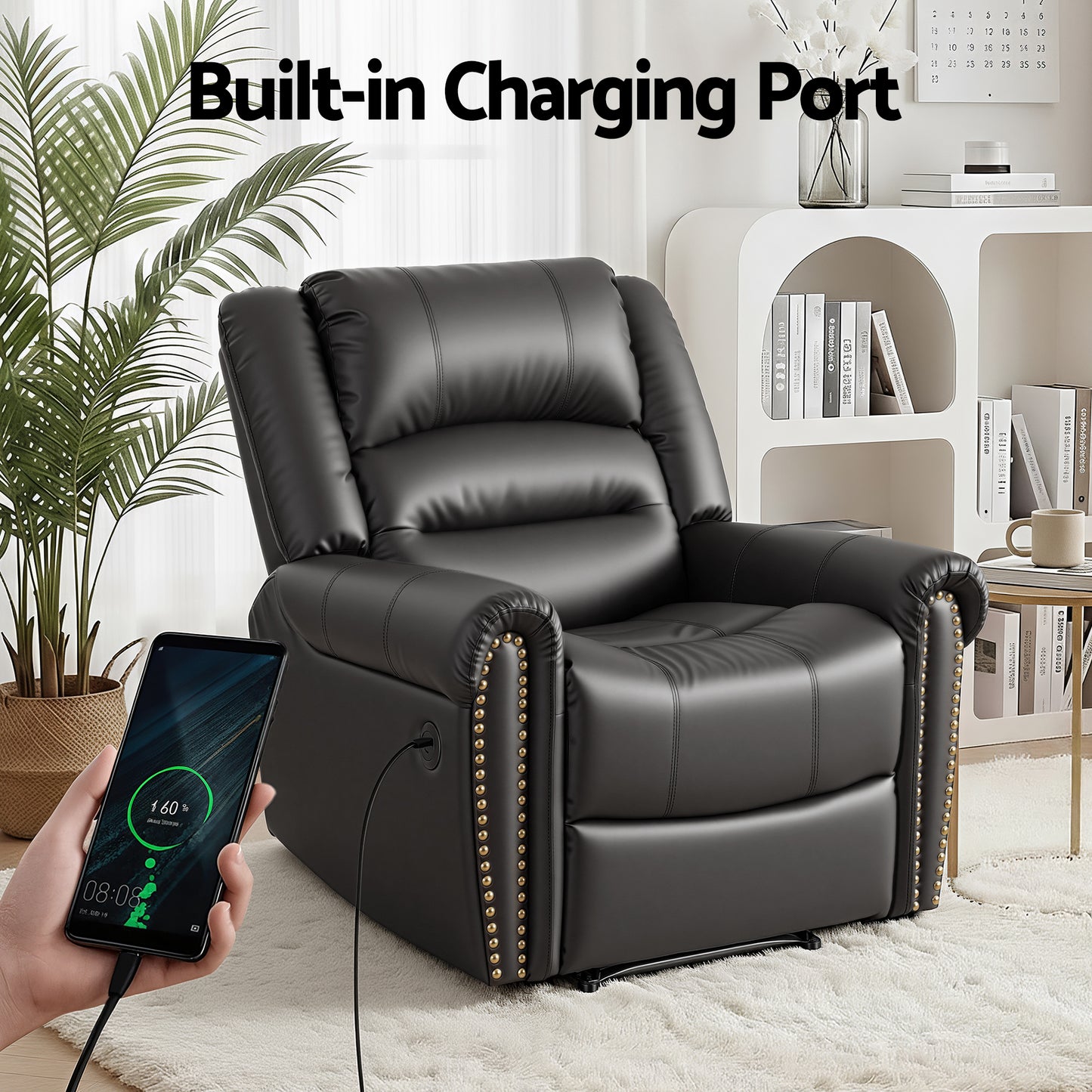Harmonia Leather Manual Recliner Chair with USB Charge Port, Overstuffed Armchair Sofa - Black