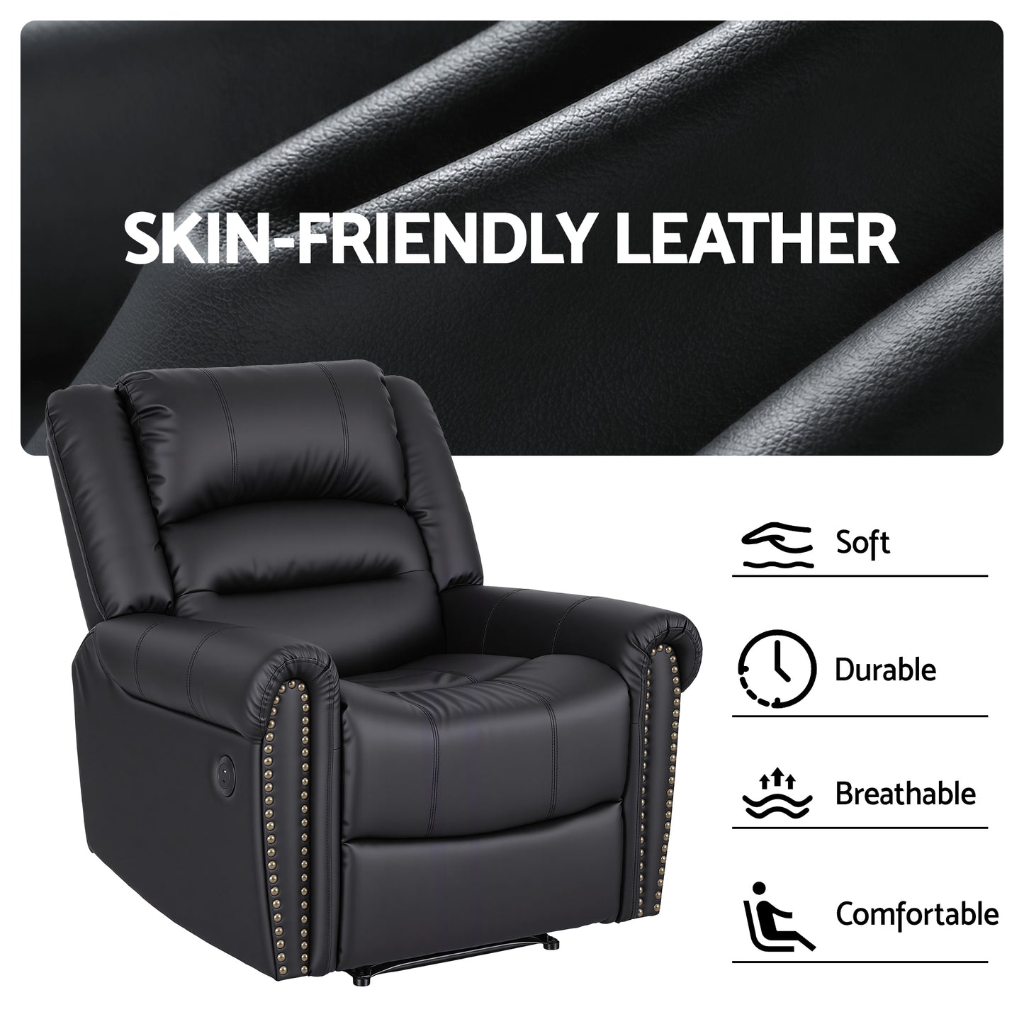 Harmonia Leather Manual Recliner Chair with USB Charge Port, Overstuffed Armchair Sofa - Black