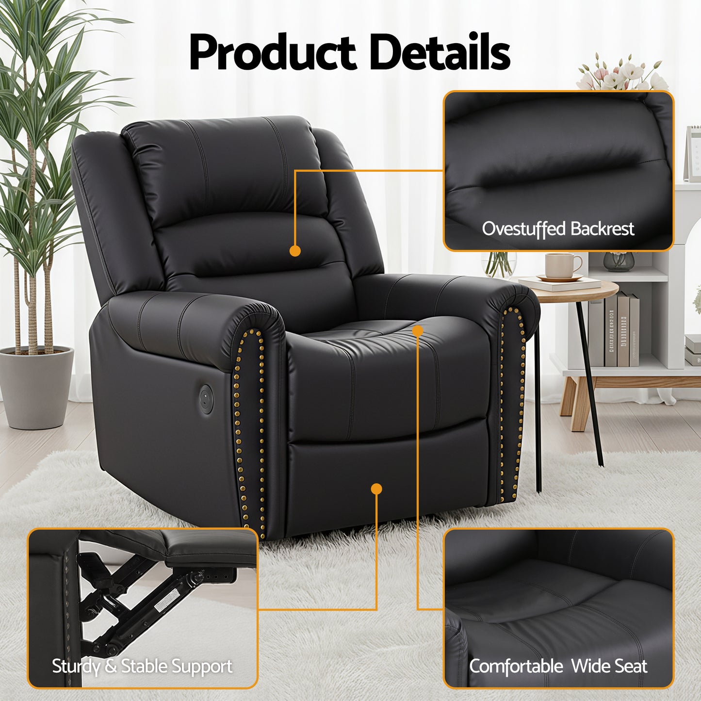 Harmonia Leather Manual Recliner Chair with USB Charge Port, Overstuffed Armchair Sofa - Black