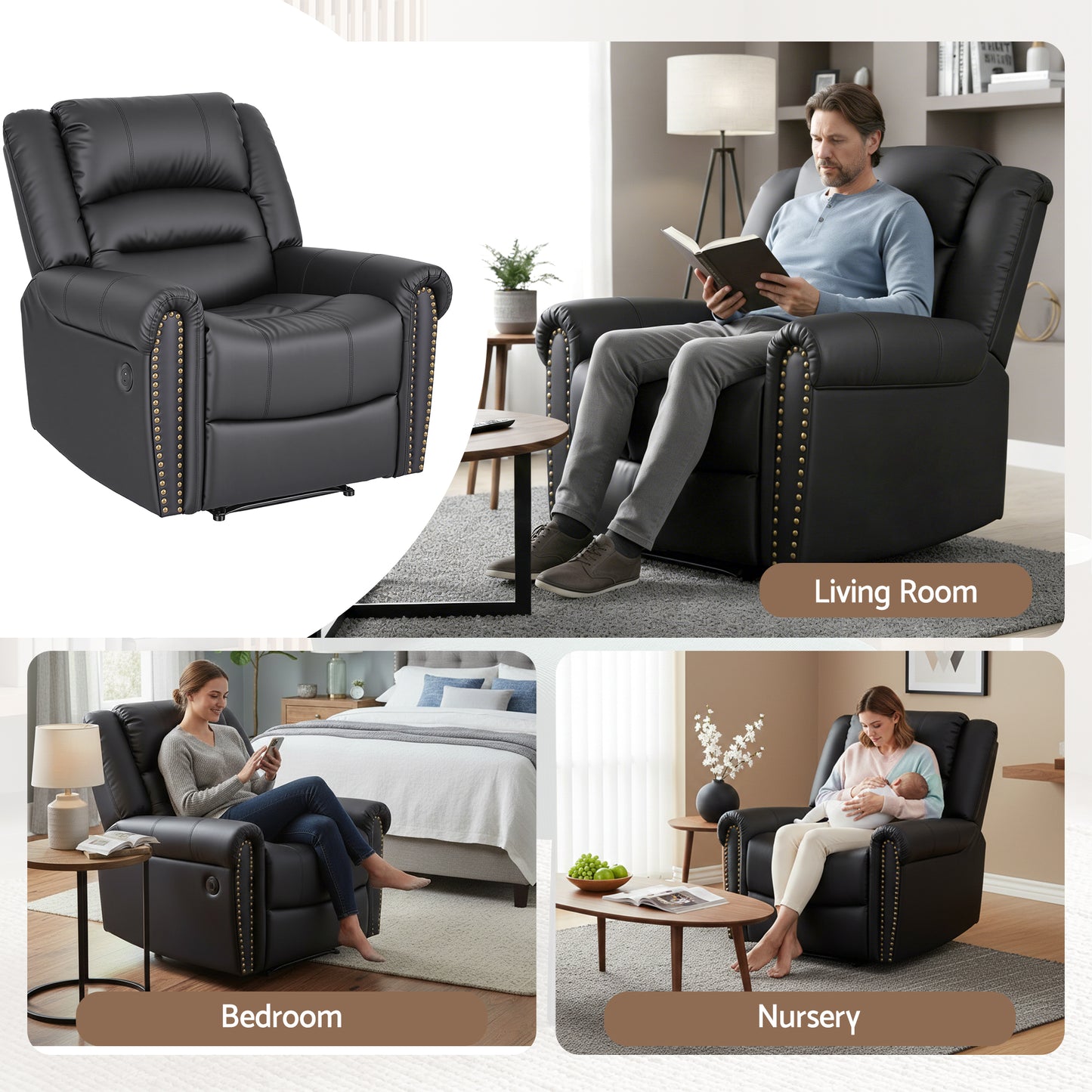 Harmonia Leather Manual Recliner Chair with USB Charge Port, Overstuffed Armchair Sofa - Black