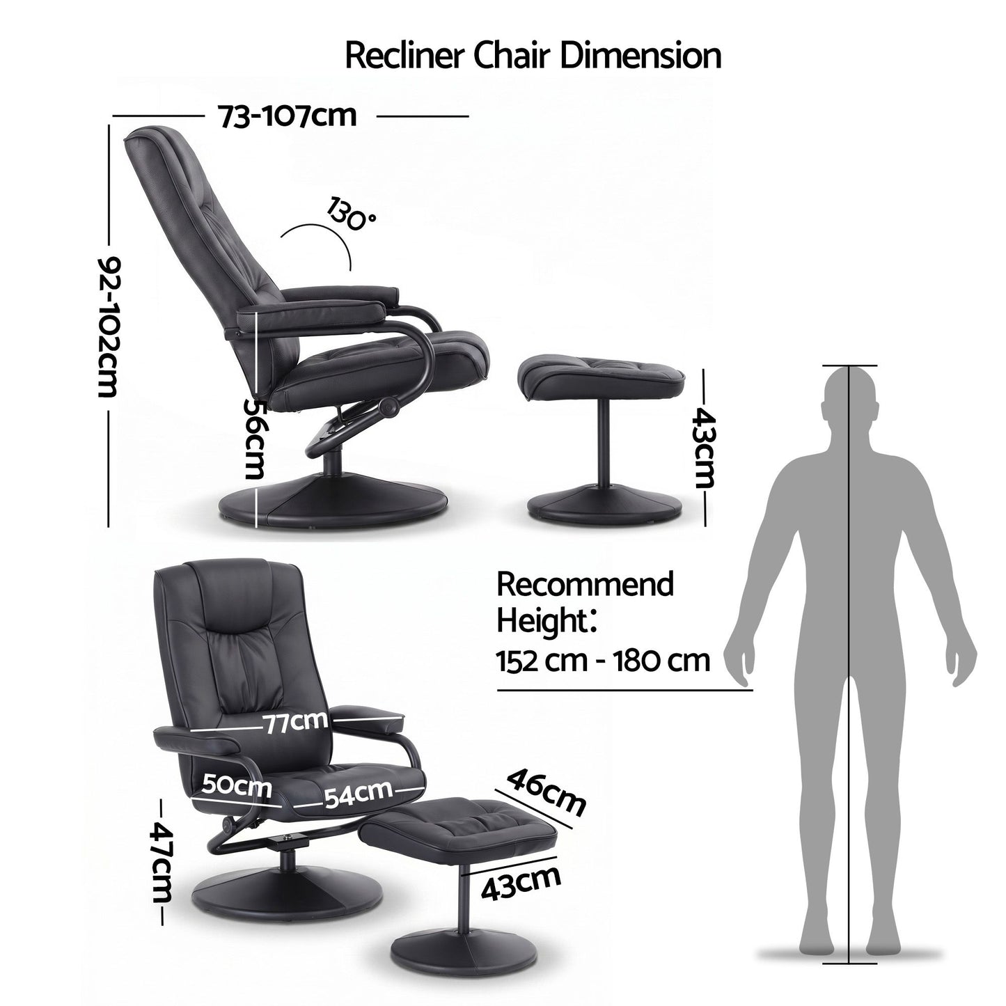 Hypnos Recliner with Ottoman 360-Degree Swivel Recliner Chair and Ottoman Set PU Leather - Black