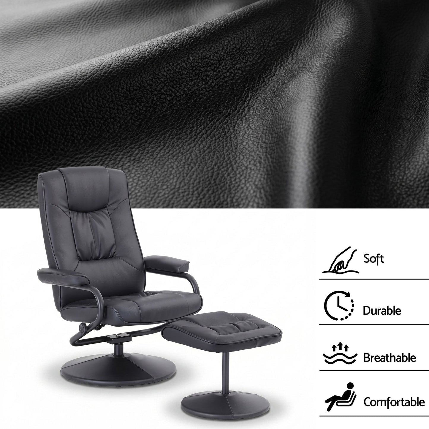 Hypnos Recliner with Ottoman 360-Degree Swivel Recliner Chair and Ottoman Set PU Leather - Black