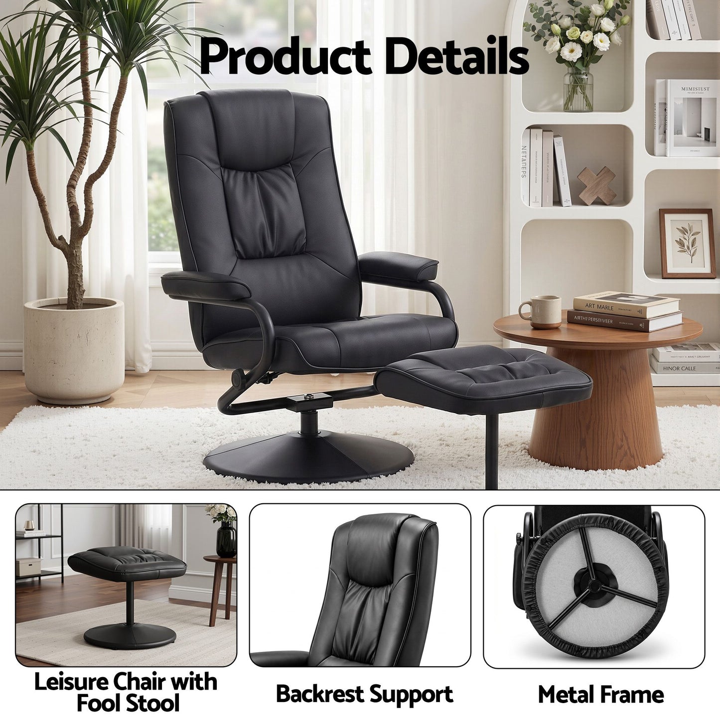 Hypnos Recliner with Ottoman 360-Degree Swivel Recliner Chair and Ottoman Set PU Leather - Black