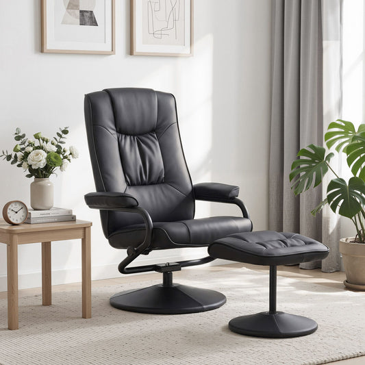 Hypnos Recliner with Ottoman 360-Degree Swivel Recliner Chair and Ottoman Set PU Leather - Black