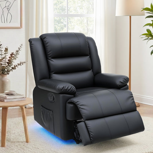 Nixie Manual Recliner Chair Leather Reclining Sofa with 16color LED - Black
