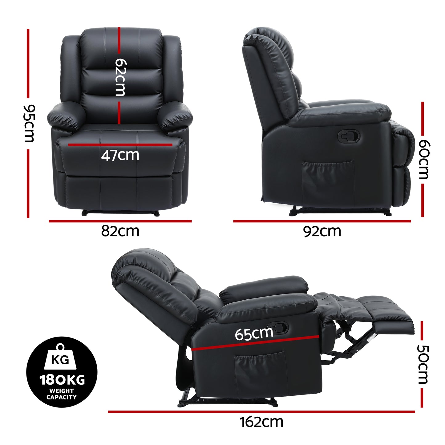 Nixie Manual Recliner Chair Leather Reclining Sofa with 16color LED - Black