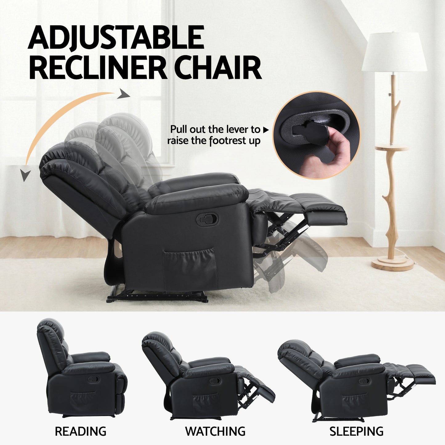 Nixie Manual Recliner Chair Leather Reclining Sofa with 16color LED - Black