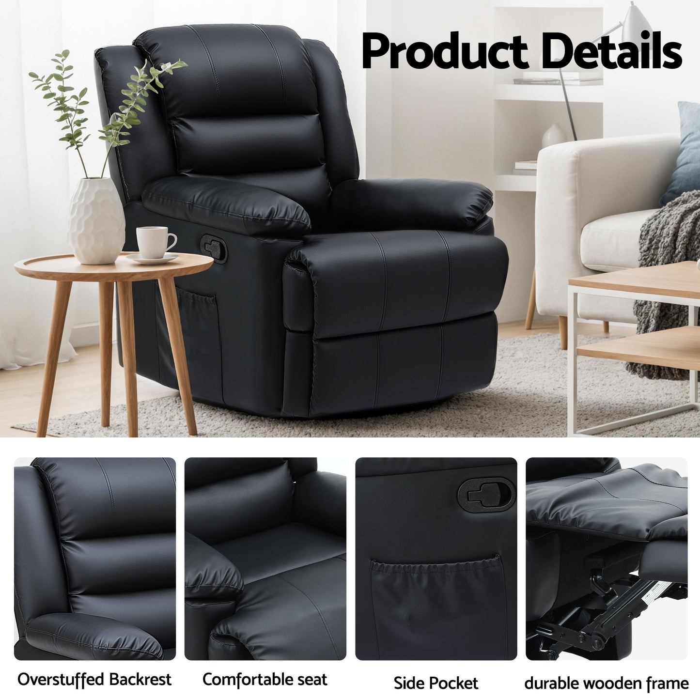 Nixie Manual Recliner Chair Leather Reclining Sofa with 16color LED - Black