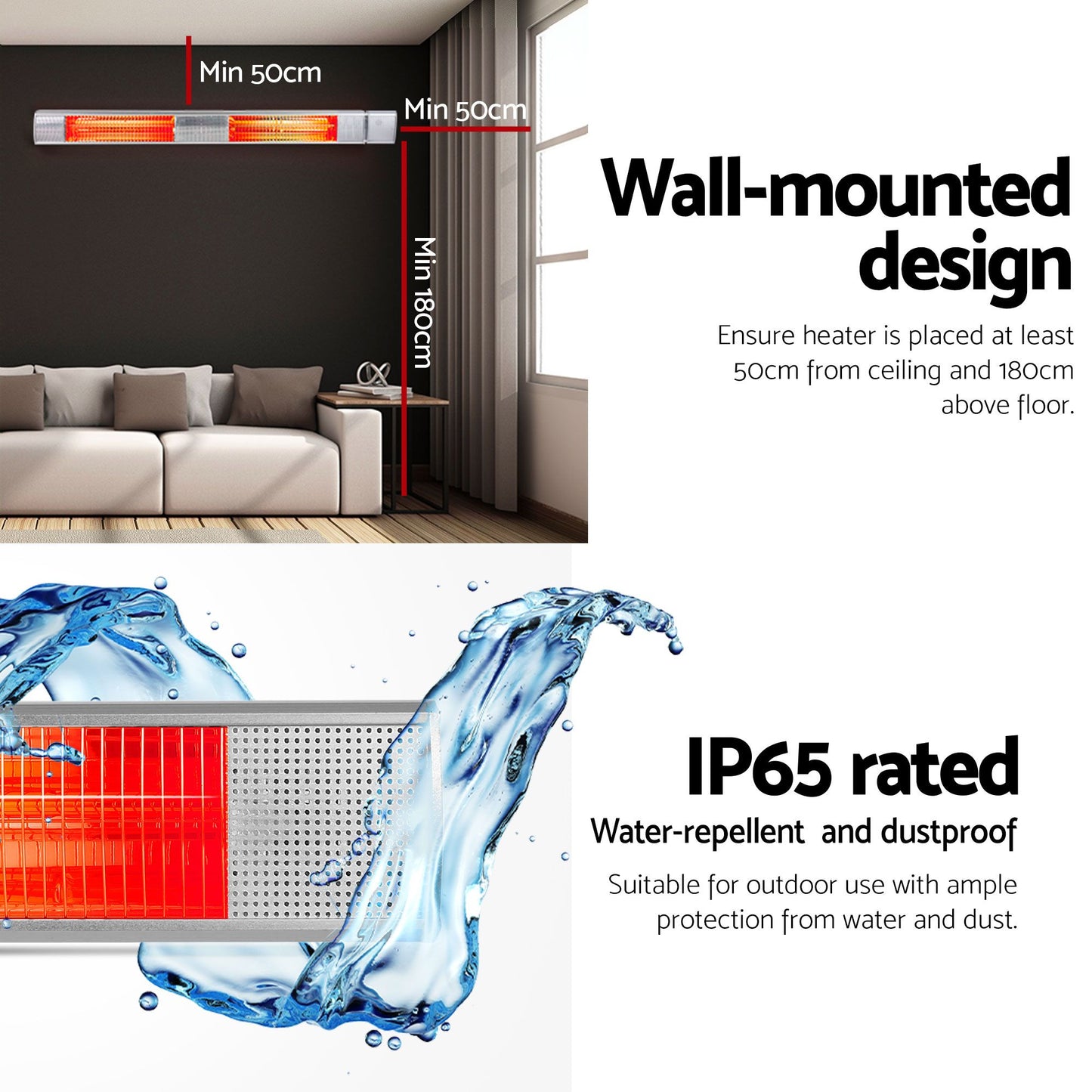 Set of 2 Electric Strip Heater Radiant Infrared Heaters Remote Control 3000W