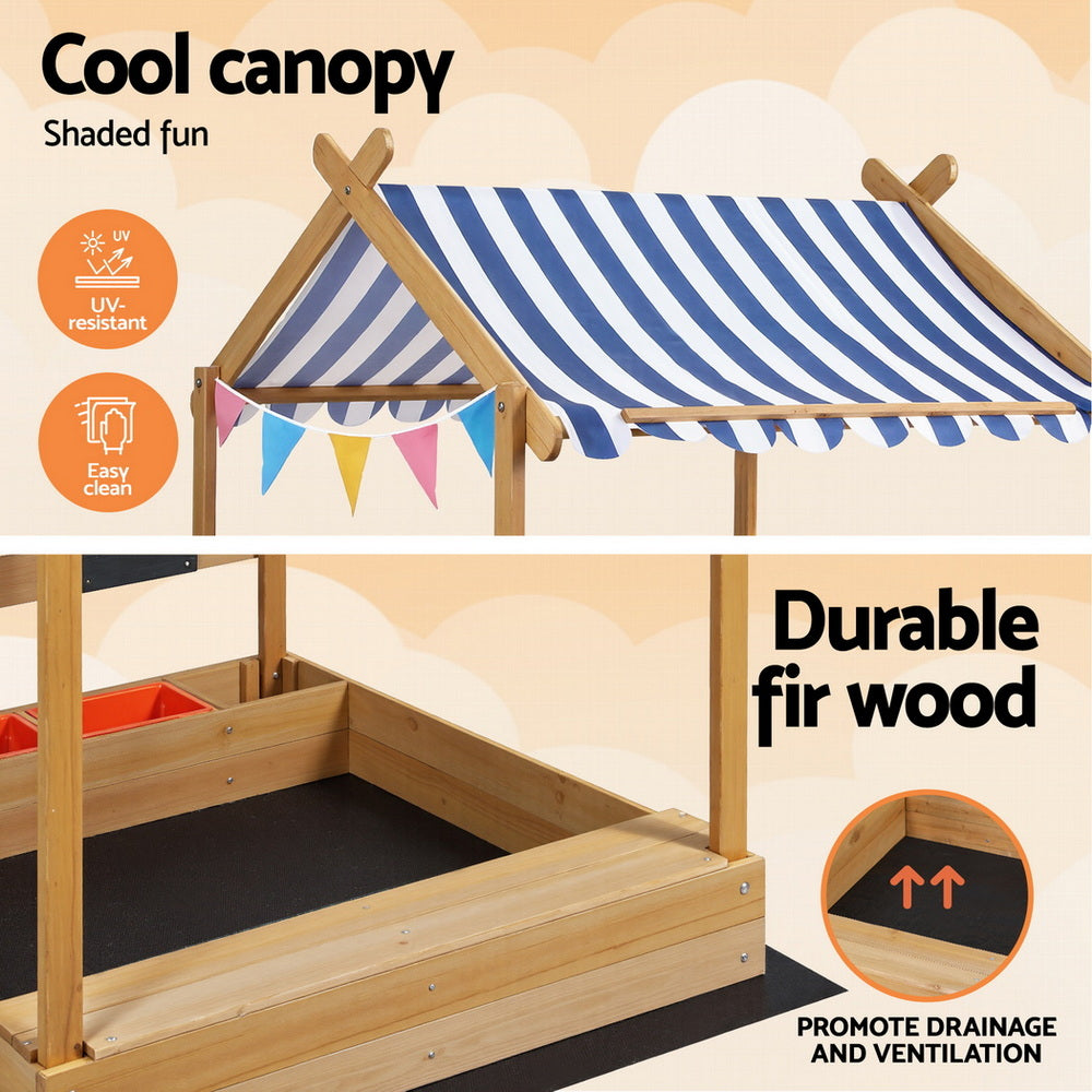 Keezi Kids Sandpit Wooden Sandbox Sand Pit with Canopy Water Basin Toys 146cm