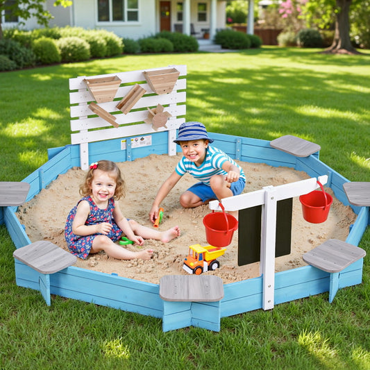 Keezi Kids Sandpit Wooden Round Sand Pit Funnel Bench Seat Beach Toys 215cm