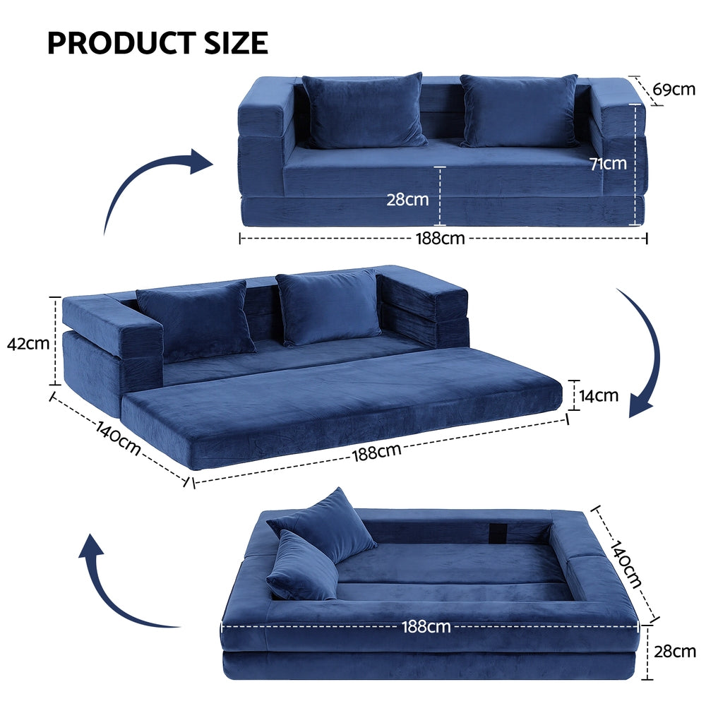 Maison 2 Seater Convertible Folding Sofa Bed Pull Out Mattress Foldable Lounge Couch Chair - Blue