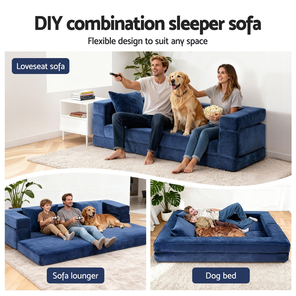 Maison 2 Seater Convertible Folding Sofa Bed Pull Out Mattress Foldable Lounge Couch Chair - Blue