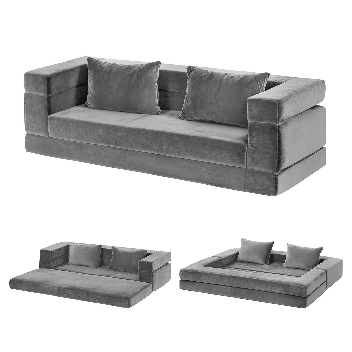 Moira 2 Seater Convertible Folding Sofa Bed Pull Out Mattress Foldable Lounge Couch - Grey