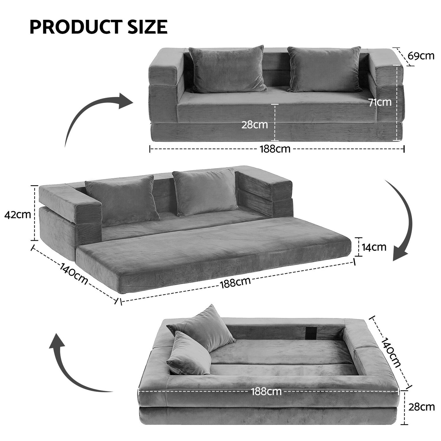 Moira 2 Seater Convertible Folding Sofa Bed Pull Out Mattress Foldable Lounge Couch - Grey
