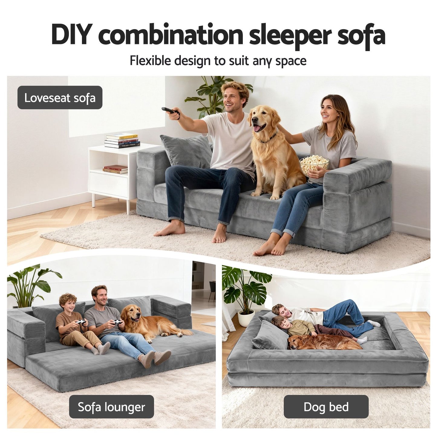 Moira 2 Seater Convertible Folding Sofa Bed Pull Out Mattress Foldable Lounge Couch - Grey