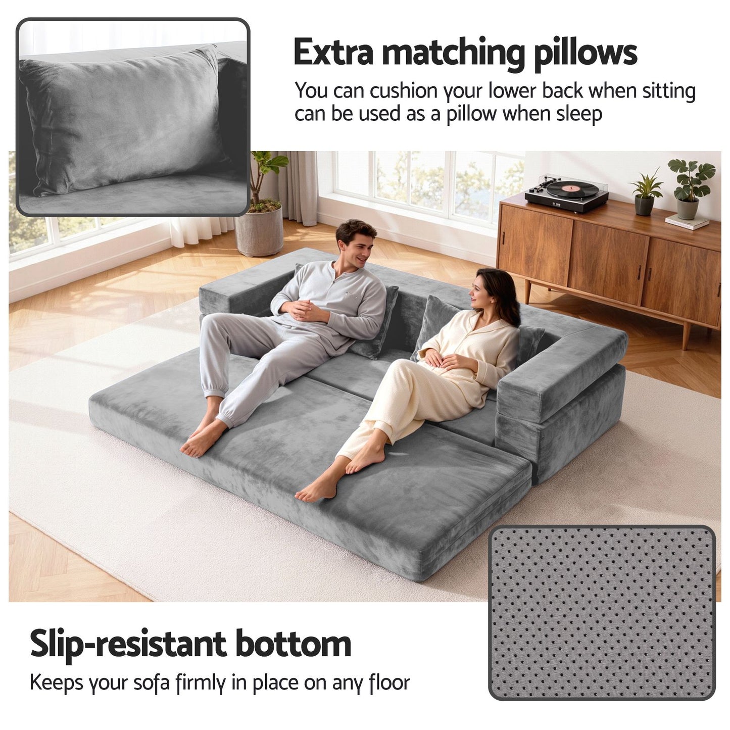 Moira 2 Seater Convertible Folding Sofa Bed Pull Out Mattress Foldable Lounge Couch - Grey