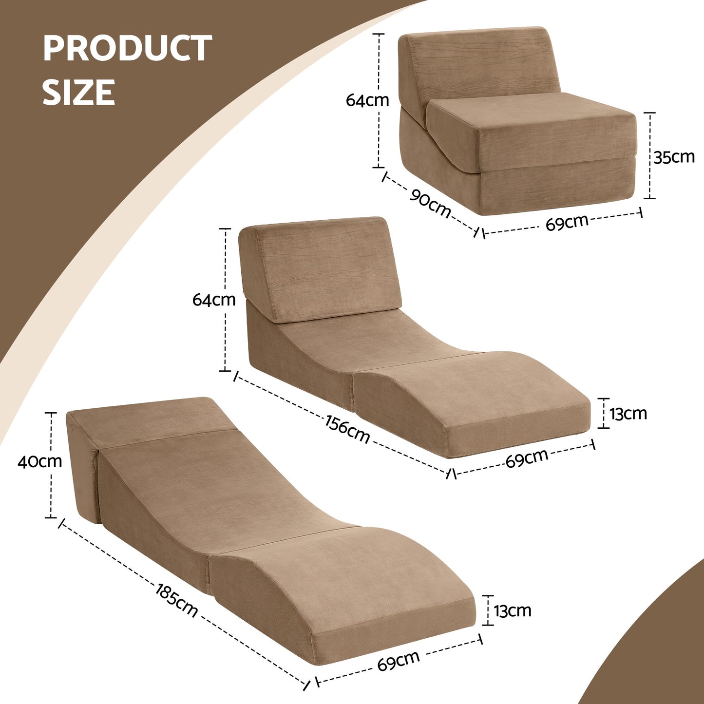 Mireva Folding Sofa Bed Convertible Armless Foam Floor Futon Lounger Couch - Brown