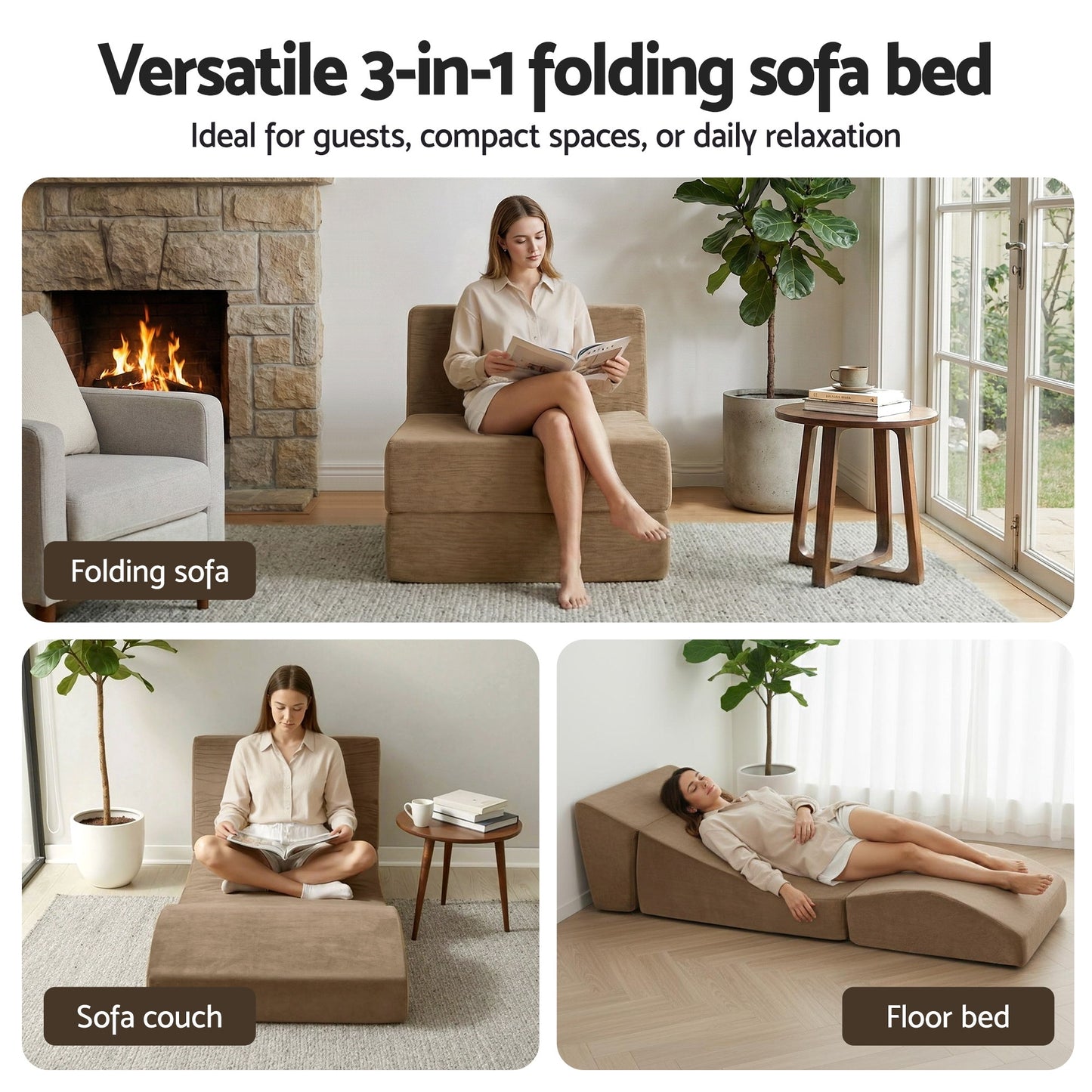 Mireva Folding Sofa Bed Convertible Armless Foam Floor Futon Lounger Couch - Brown