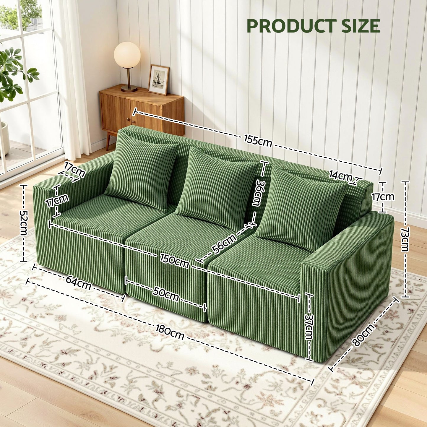 Magranda 3 Seater Modular Sofa Bed Convertible Sectional Floor Couch with Deep Seat - Green