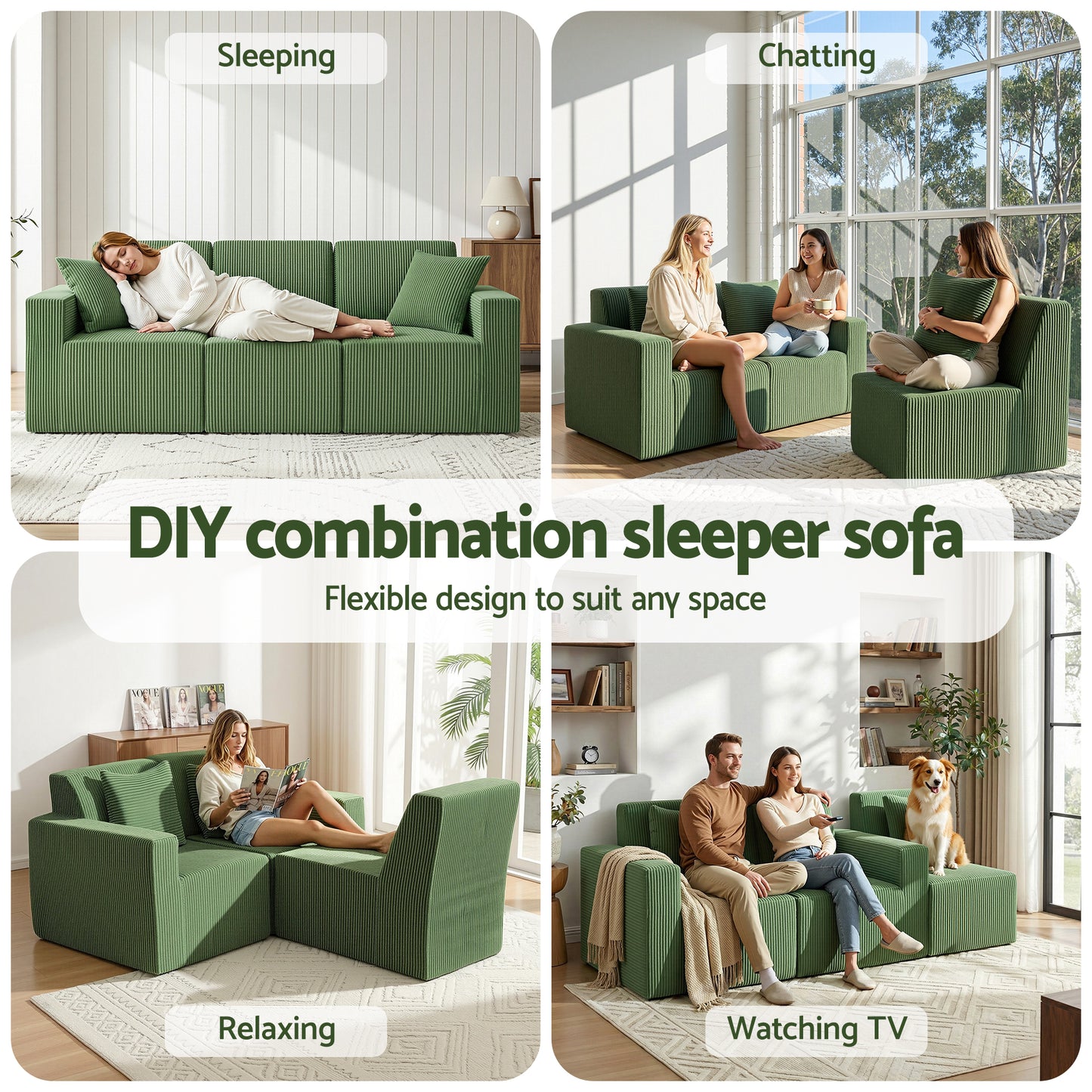 Magranda 3 Seater Modular Sofa Bed Convertible Sectional Floor Couch with Deep Seat - Green