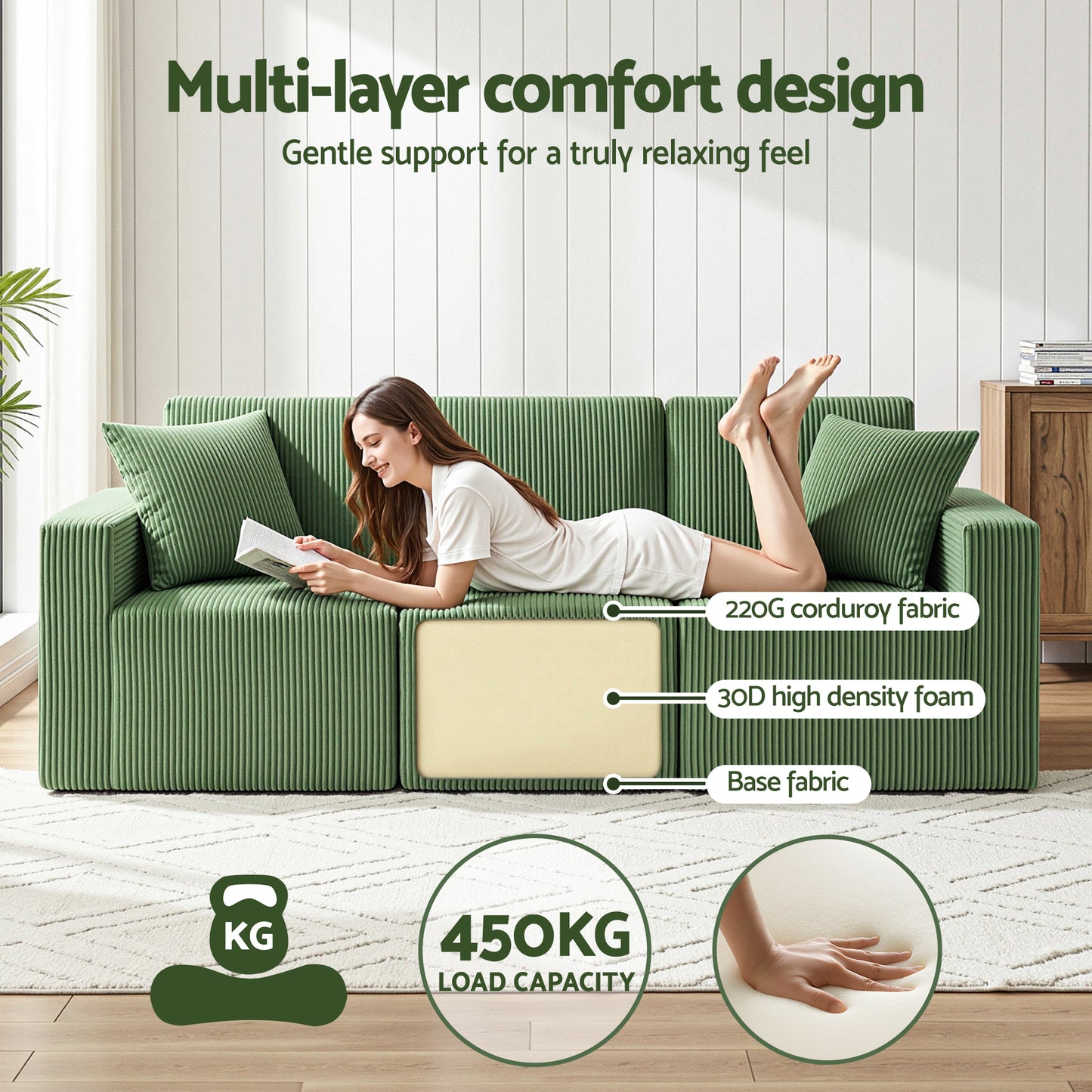 Magranda 3 Seater Modular Sofa Bed Convertible Sectional Floor Couch with Deep Seat - Green