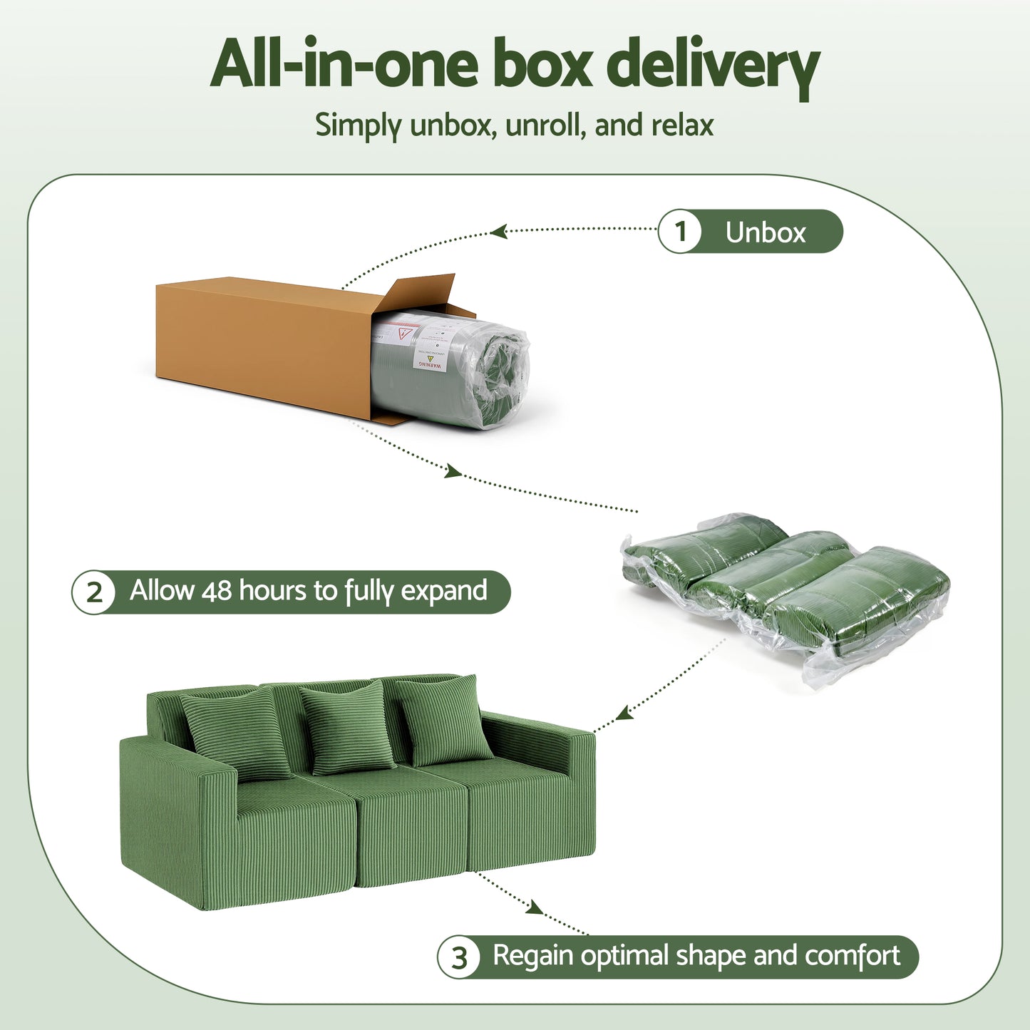 Magranda 3 Seater Modular Sofa Bed Convertible Sectional Floor Couch with Deep Seat - Green