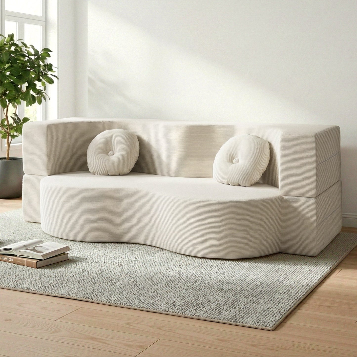 Melavie 2 Seater Folding Sofa Bed Floor Couch 2-in-1 Convertible Futon Loveseat - Beige