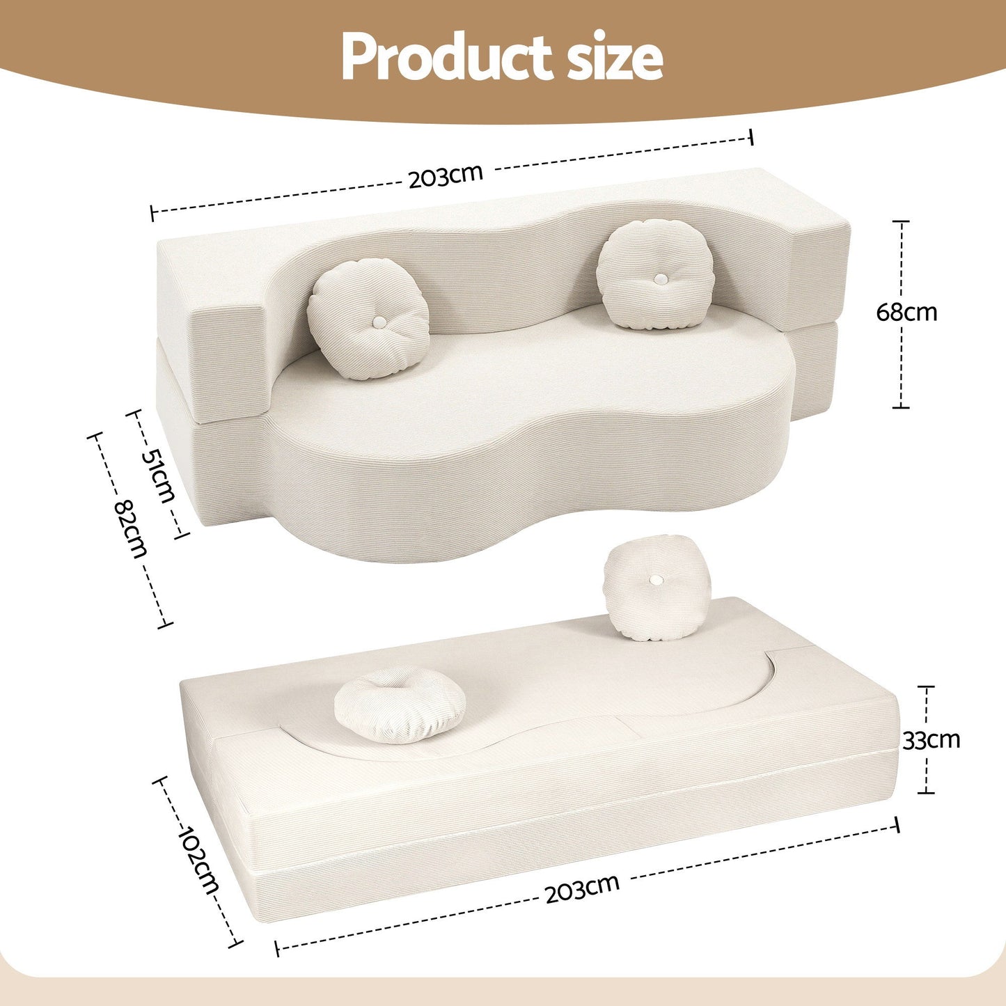 Melavie 2 Seater Folding Sofa Bed Floor Couch 2-in-1 Convertible Futon Loveseat - Beige