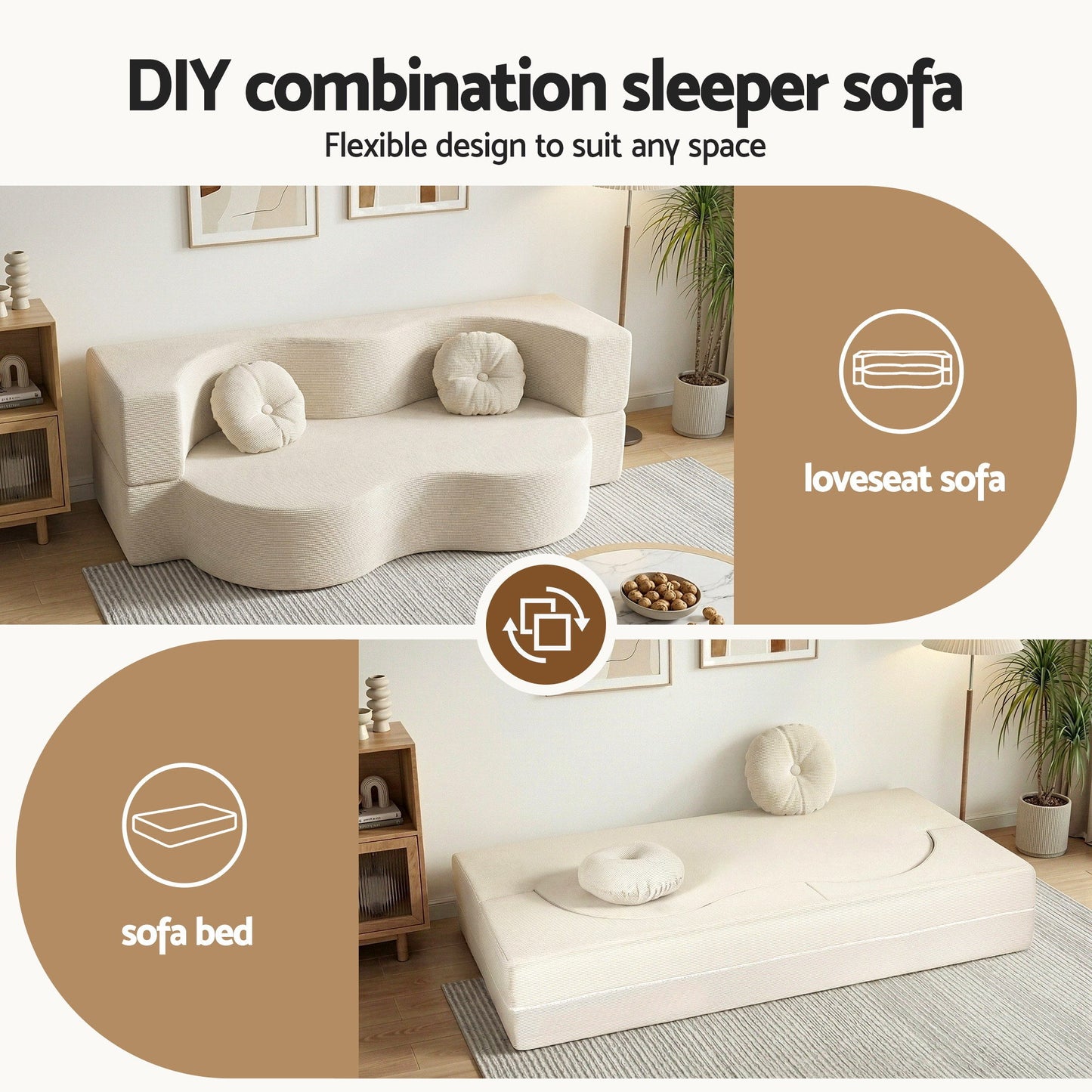 Melavie 2 Seater Folding Sofa Bed Floor Couch 2-in-1 Convertible Futon Loveseat - Beige