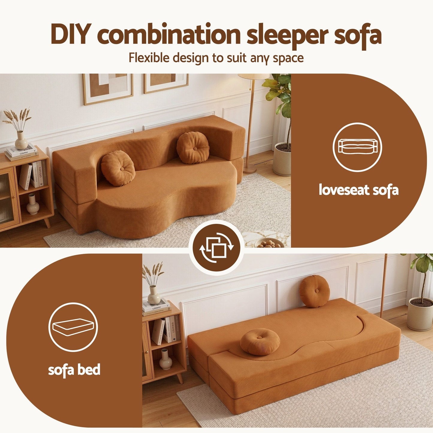 Merope 2 Seater Folding Sofa Bed Floor Couch 2-in-1 Convertible Futon Loveseat - Orange