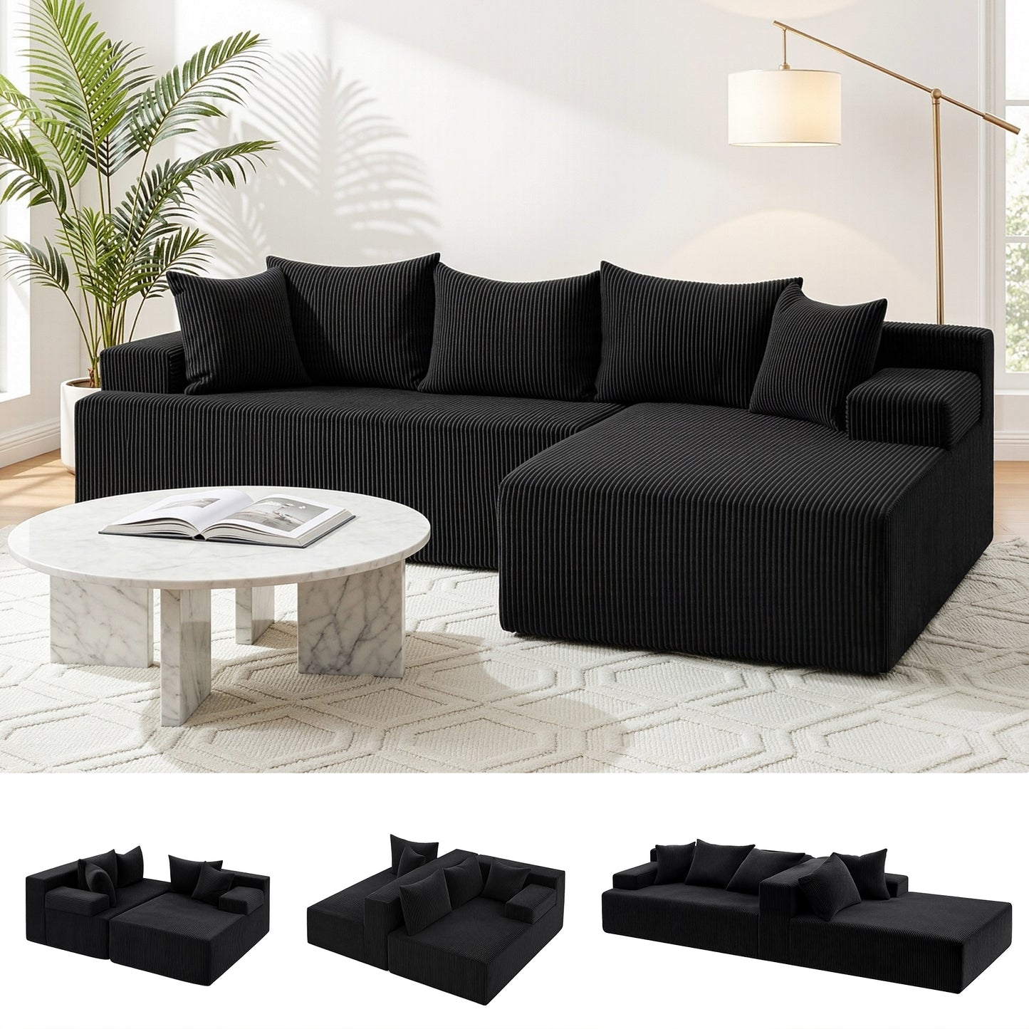 Marova 4-Seater Modular Sectional Sofa Bed Convertible L-Shaped Couch with Deep Seat for Living Room - Black