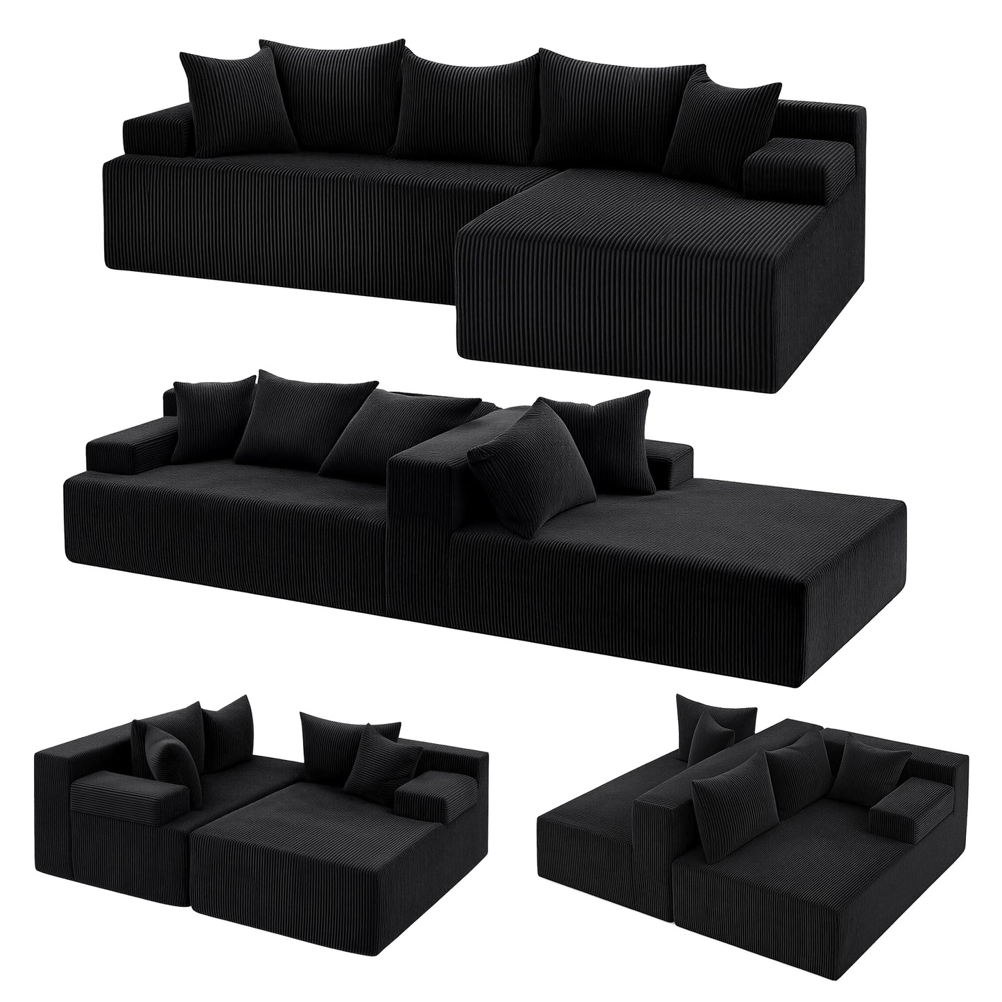 Marova 4-Seater Modular Sectional Sofa Bed Convertible L-Shaped Couch with Deep Seat for Living Room - Black
