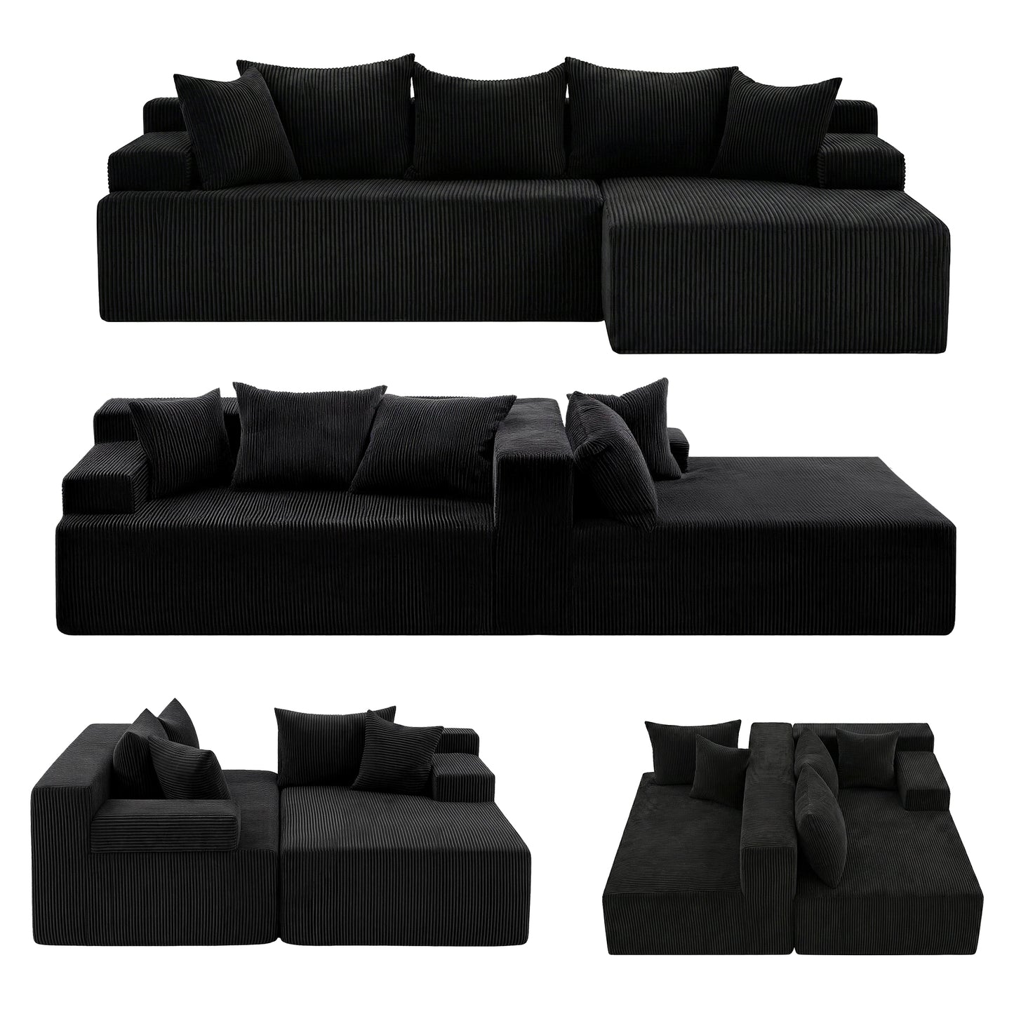 Marova 4-Seater Modular Sectional Sofa Bed Convertible L-Shaped Couch with Deep Seat for Living Room - Black