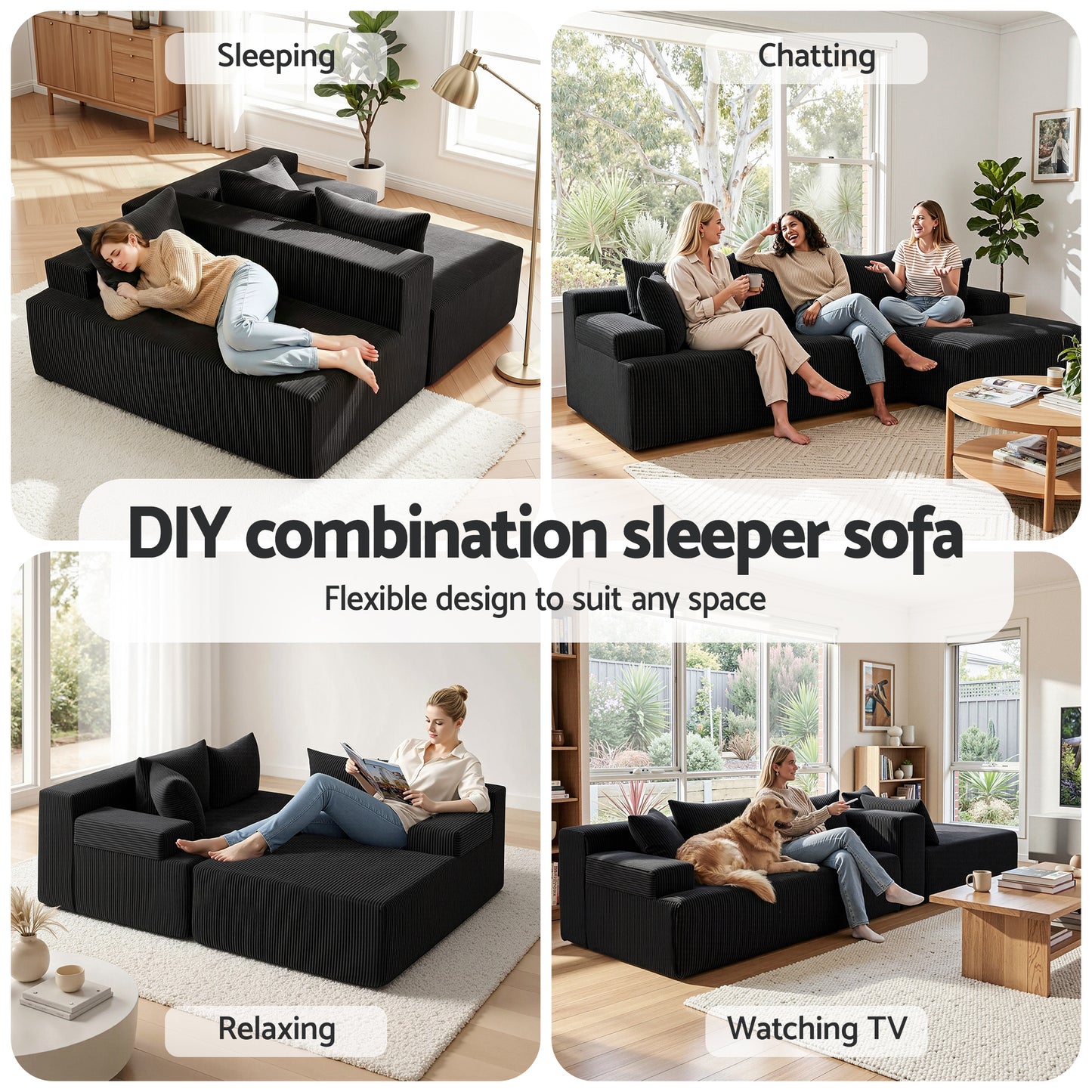Marova 4-Seater Modular Sectional Sofa Bed Convertible L-Shaped Couch with Deep Seat for Living Room - Black