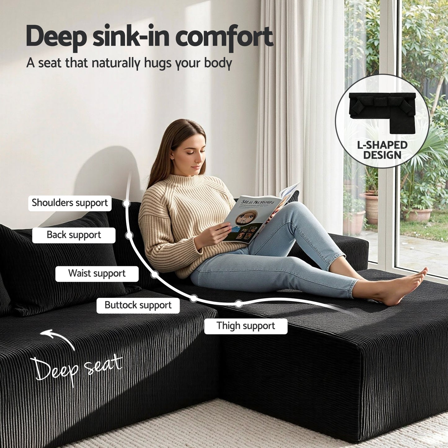 Marova 4-Seater Modular Sectional Sofa Bed Convertible L-Shaped Couch with Deep Seat for Living Room - Black