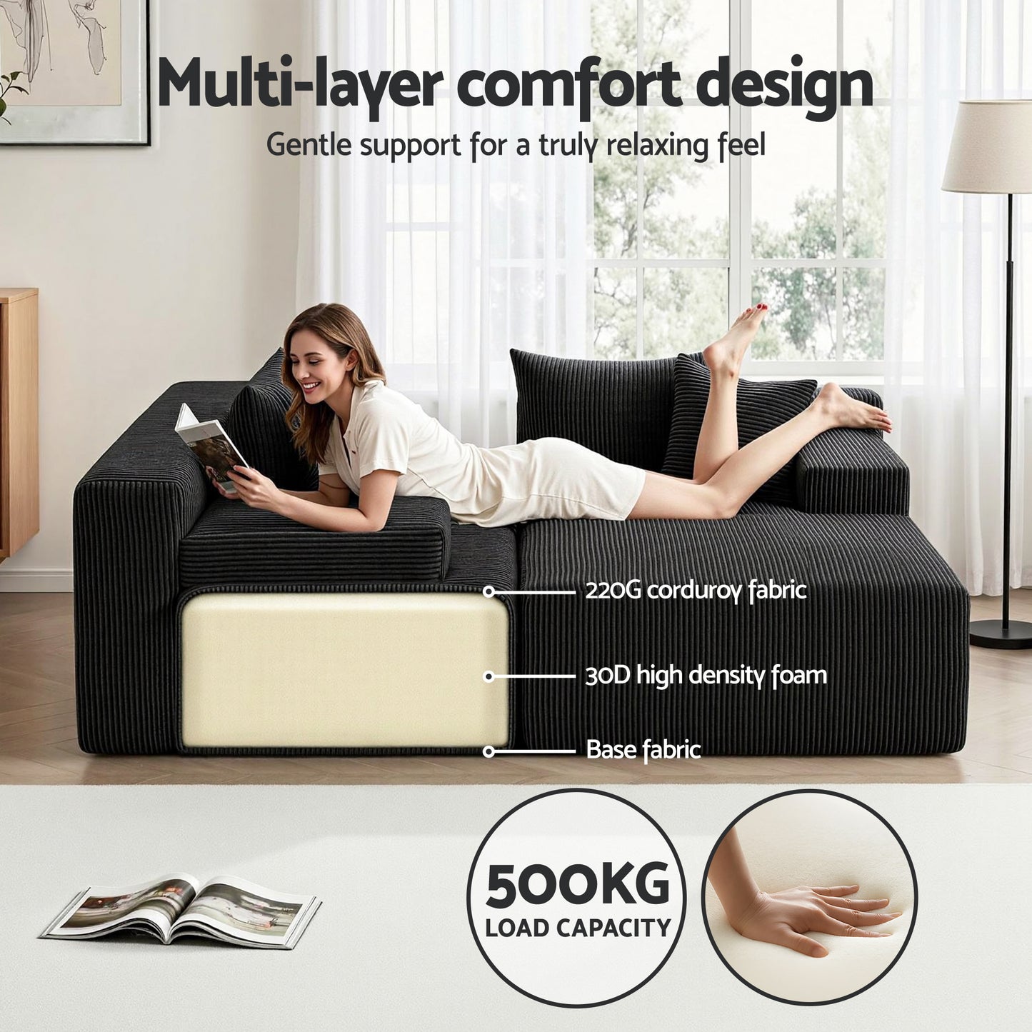 Marova 4-Seater Modular Sectional Sofa Bed Convertible L-Shaped Couch with Deep Seat for Living Room - Black
