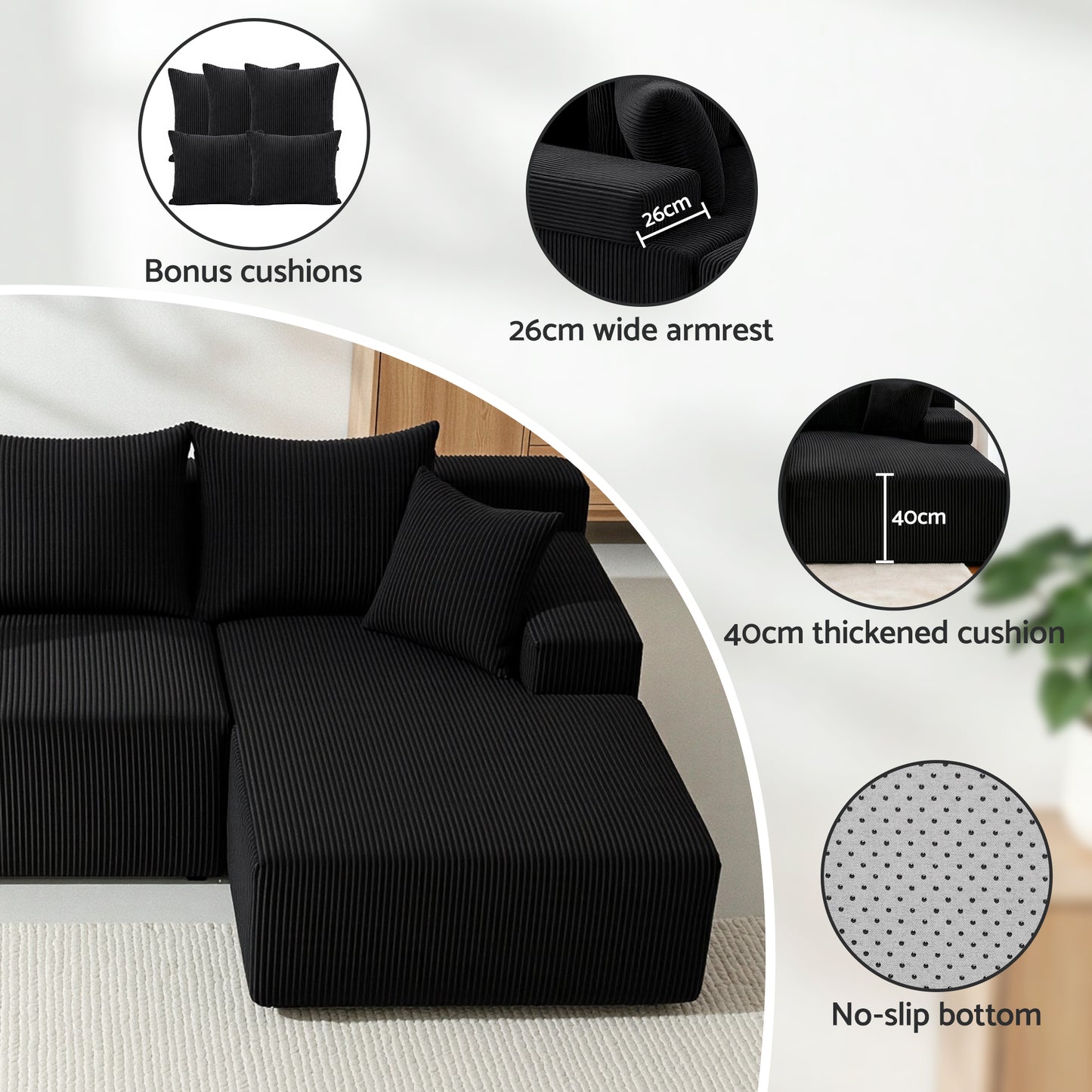 Marova 4-Seater Modular Sectional Sofa Bed Convertible L-Shaped Couch with Deep Seat for Living Room - Black