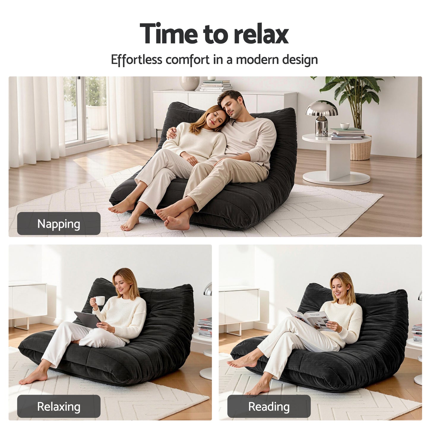 Maelle 2 Seater Lazy Sofa Accent Caterpillar Chair Floor Couch Armless Lounge - Black