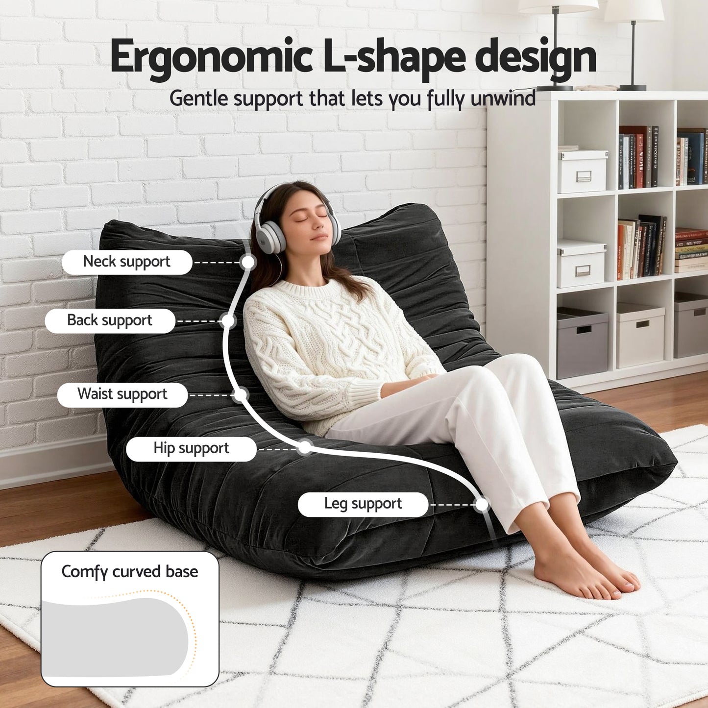 Maelle 2 Seater Lazy Sofa Accent Caterpillar Chair Floor Couch Armless Lounge - Black