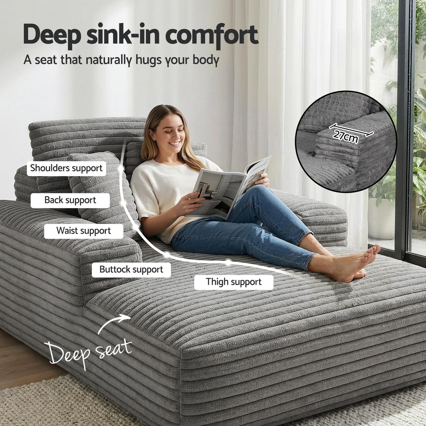 Marina Sofa Bed Lounge Chair Recliner Couch Reading Chairs Sleeper Cloud Sofas - Grey